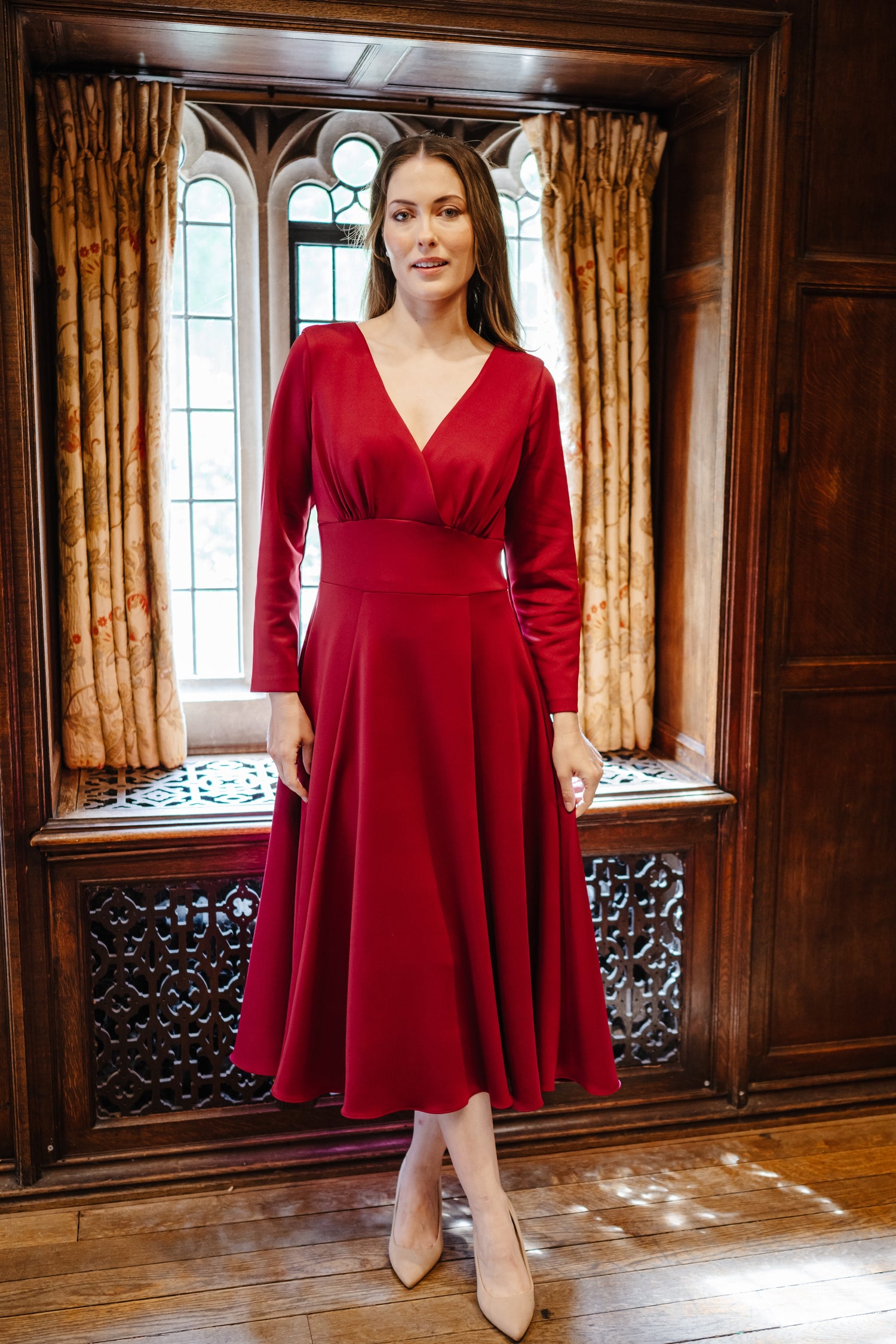Julia Smooth Luxe Jersey Dress with Flowing Skirt and Long Sleeves in Cerise
