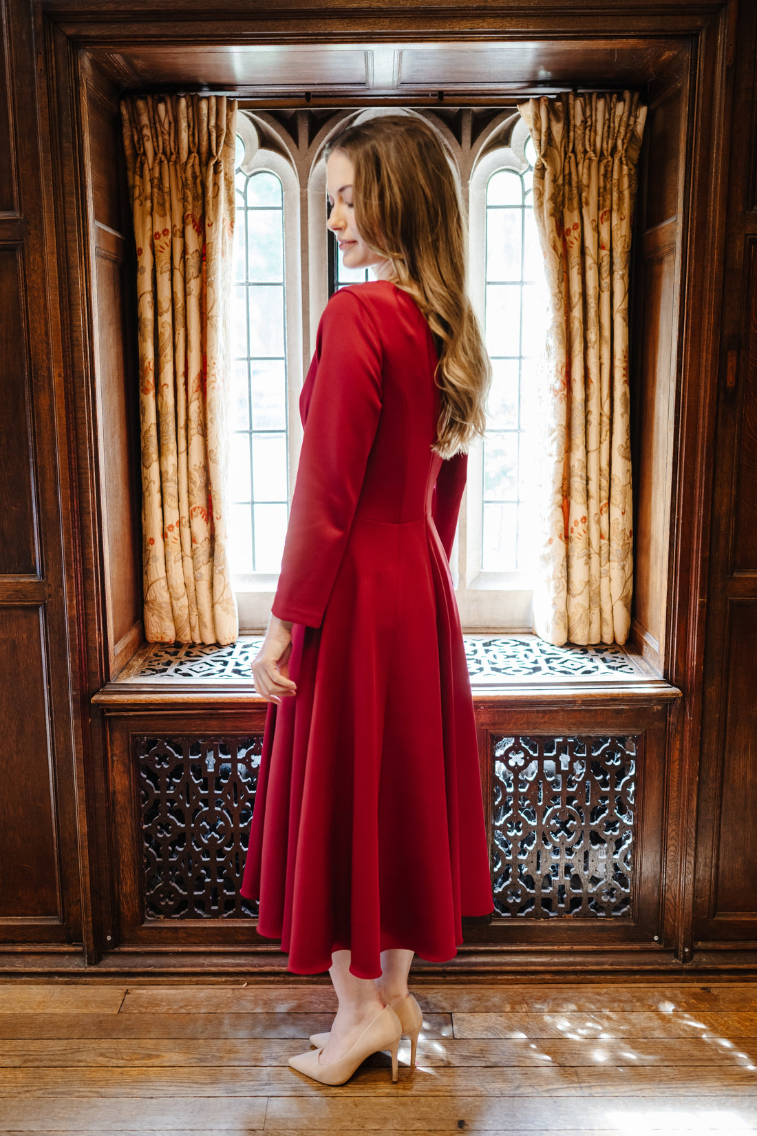 Julia Smooth Luxe Jersey Dress with Flowing Skirt and Long Sleeves in Cerise