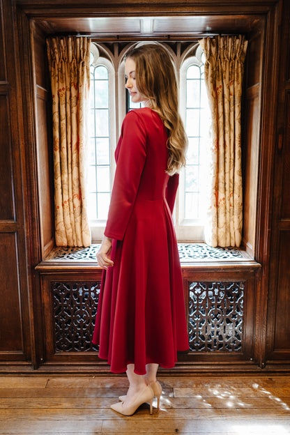 Julia Smooth Luxe Jersey Dress with Flowing Skirt and Long Sleeves in Cerise