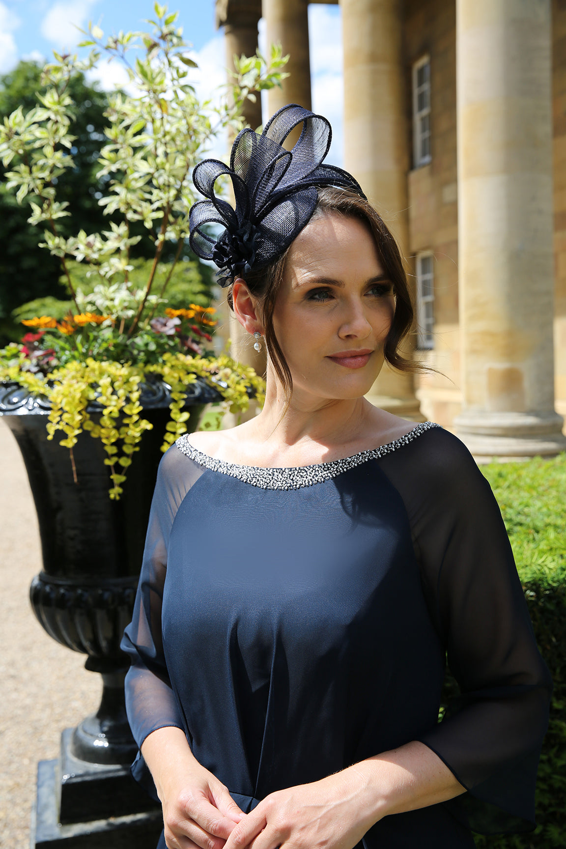 what colour fascinator with navy blue dress Full length dress with pearl waistband. 70696L