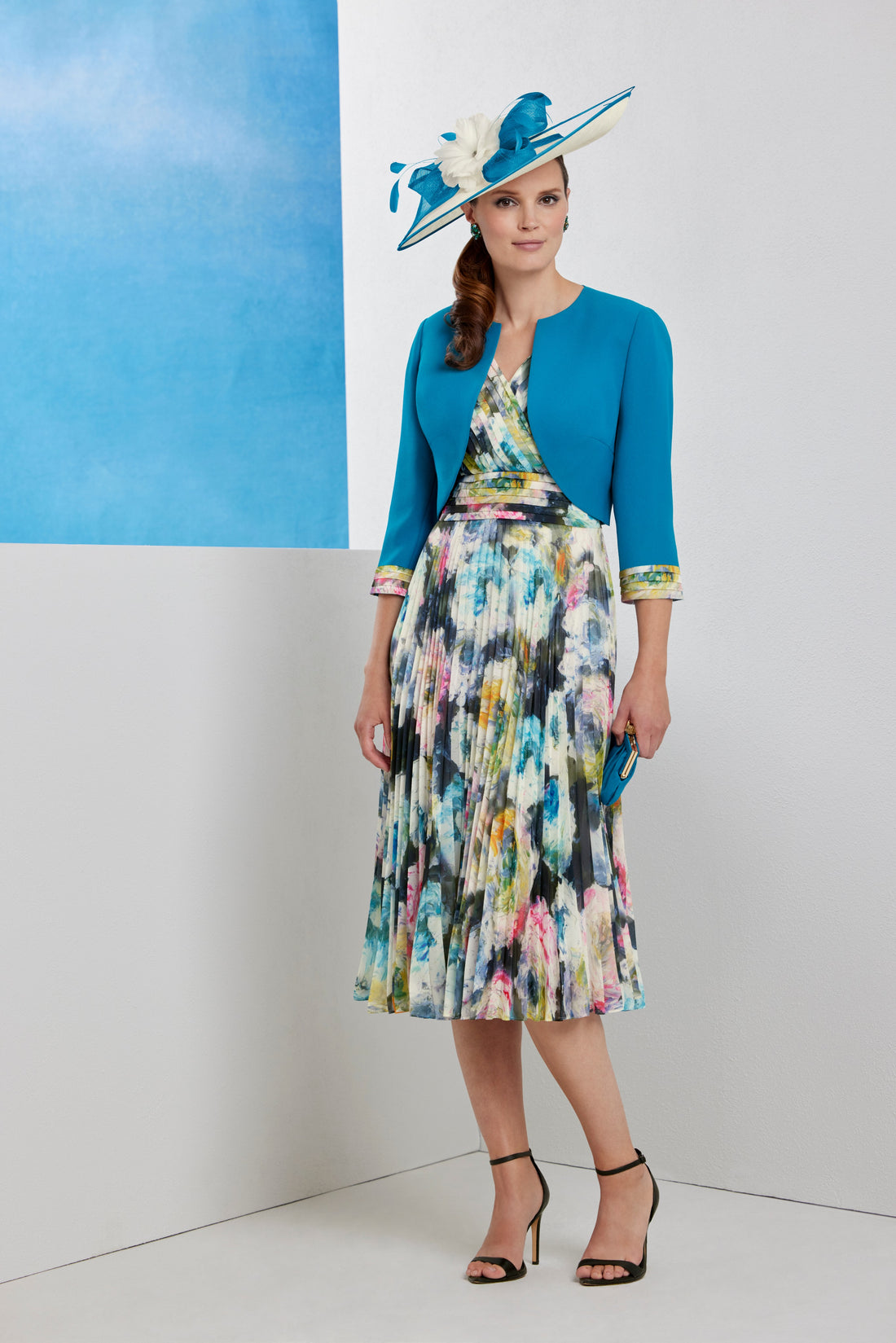 Condici Occasion Dress with Jacket in Impressionist Blue Jay Print