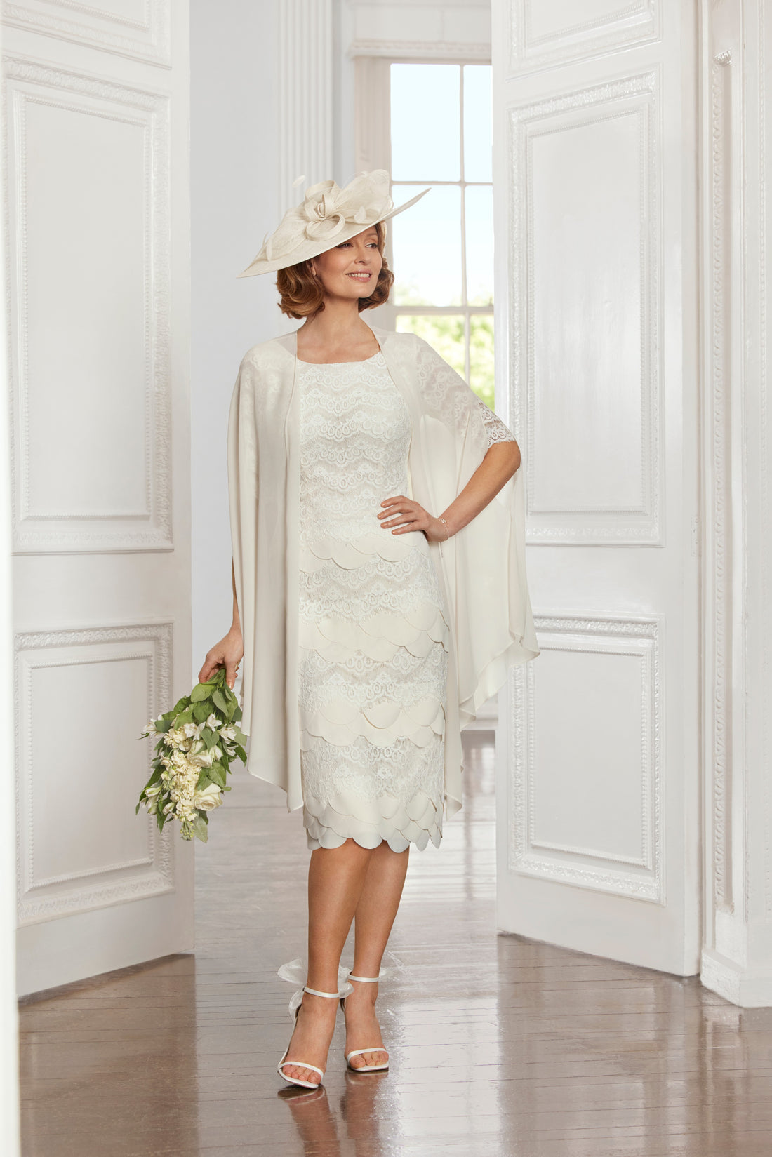 Condici Scallop Lace  Occasion Dress with Soft Cape in Alabaster