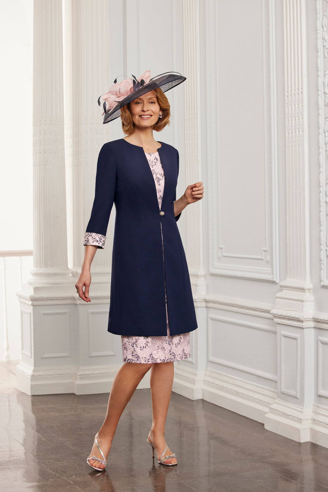 Condici Lace Special Occasion Dress in Provence Rose with Navy Coat
