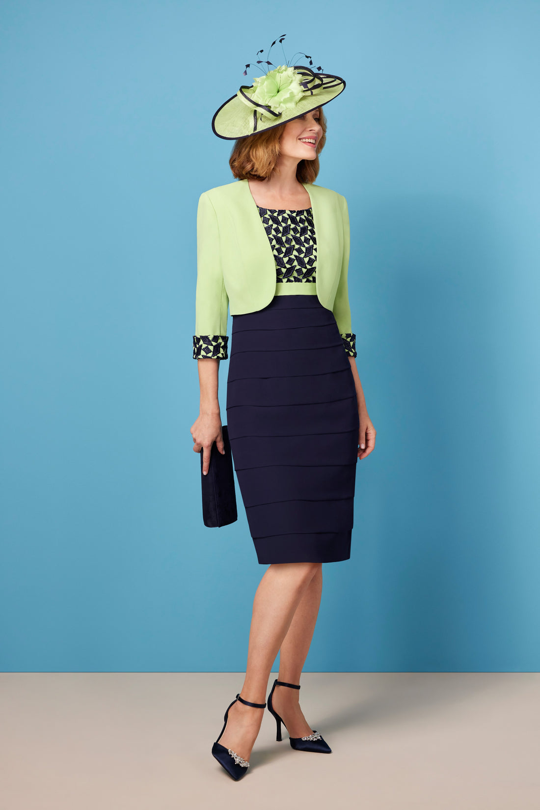 Condici Special Occasion Dress with Jacket in Navy and Apple Fizz