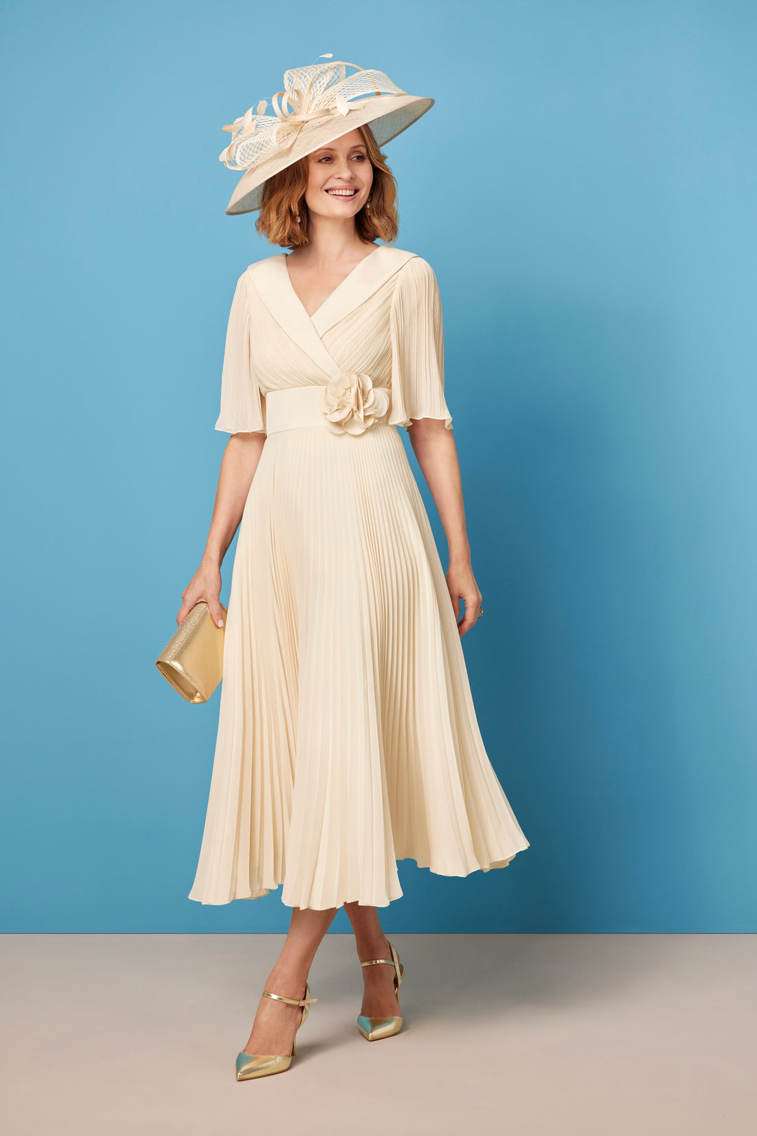 Condici Pleated Midi Occasion Dress in Almond Mist