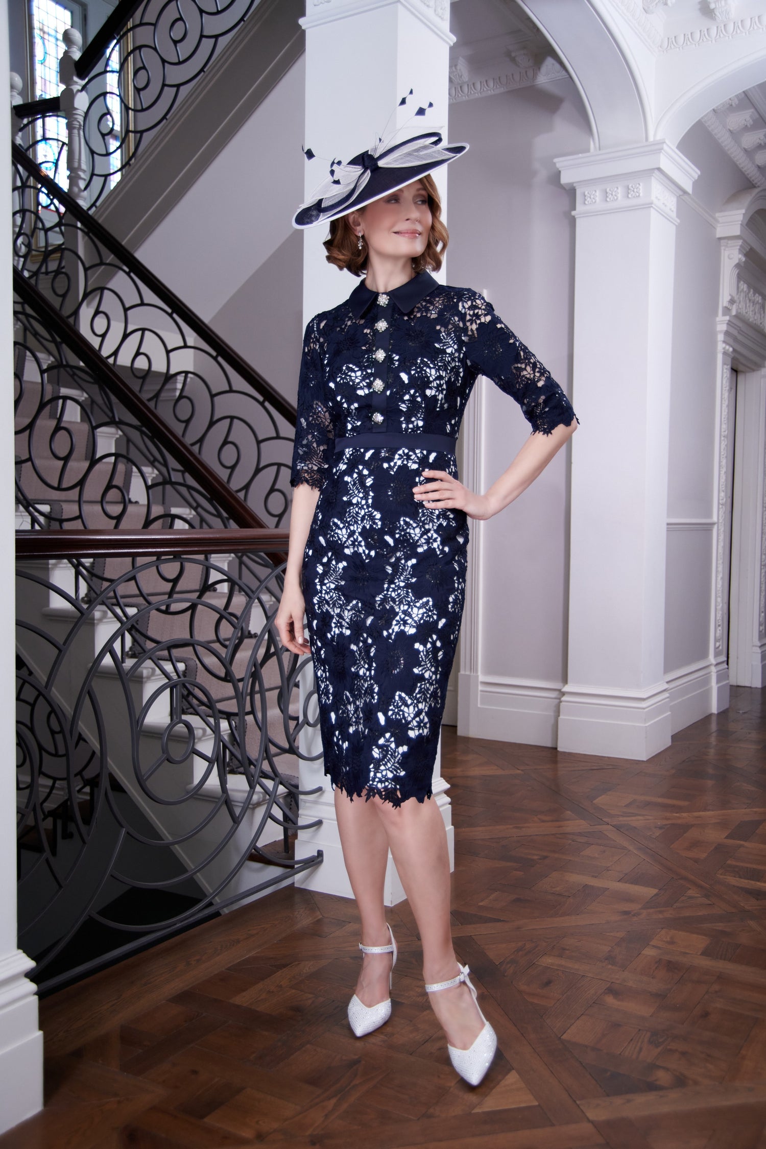 Condici Lace Detail Special Occasion Dress in Cream/Navy