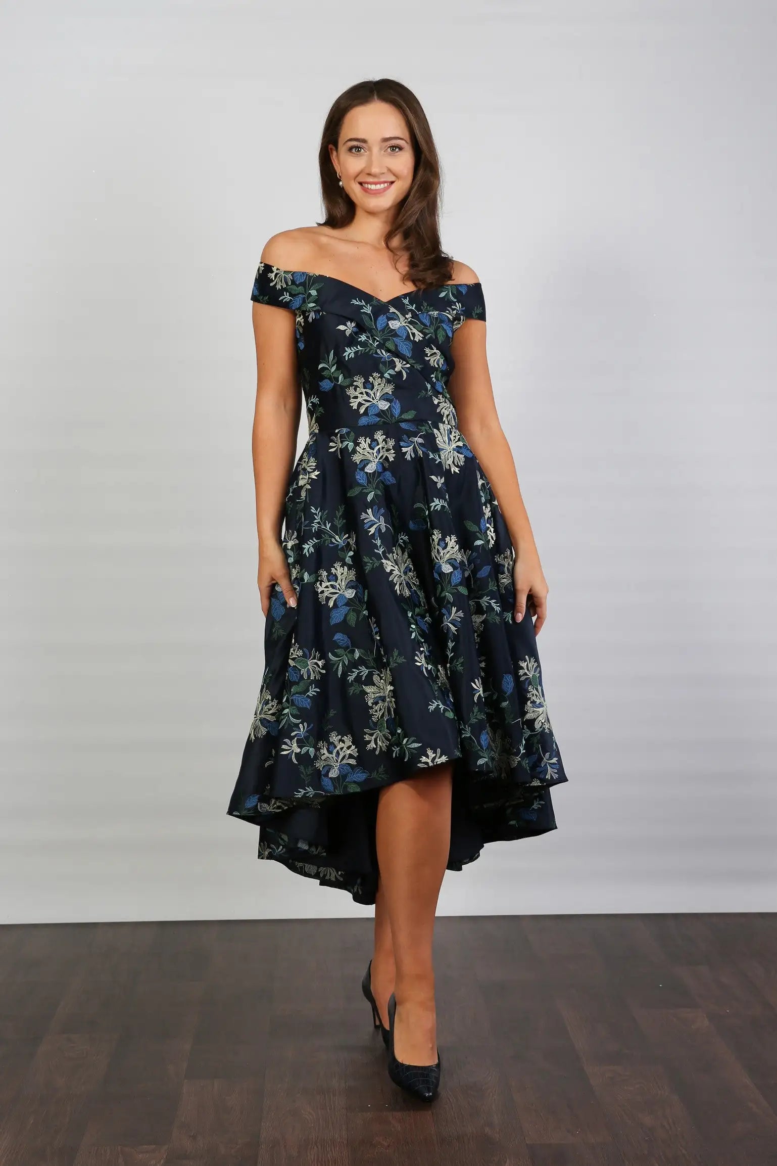 Bombshell Blair Bardot Embroidered High-Low Dress in Navy Blue &amp; Honeysuckle