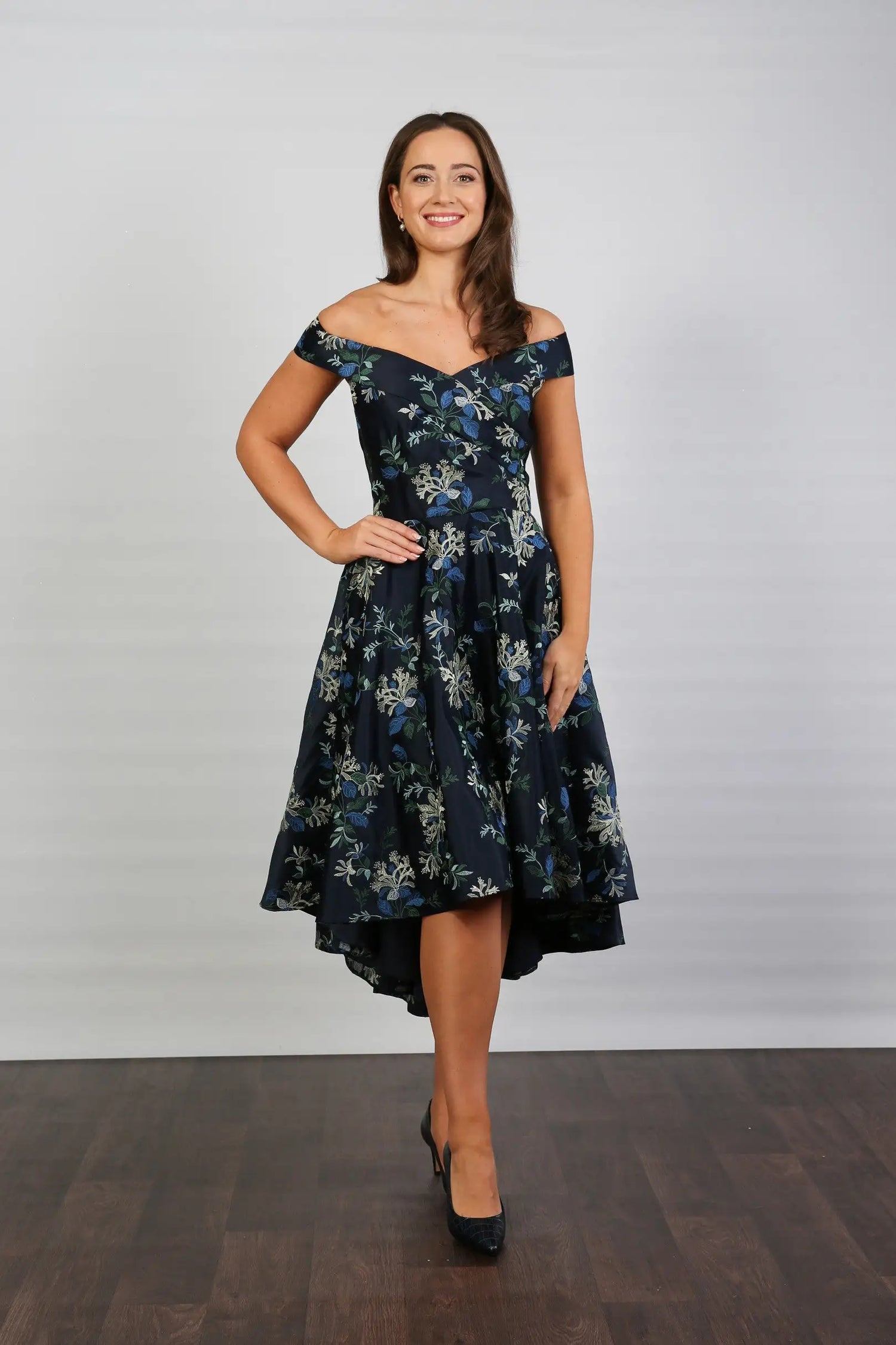 Bombshell Blair Bardot Embroidered High-Low Dress in Navy Blue &amp; Honeysuckle