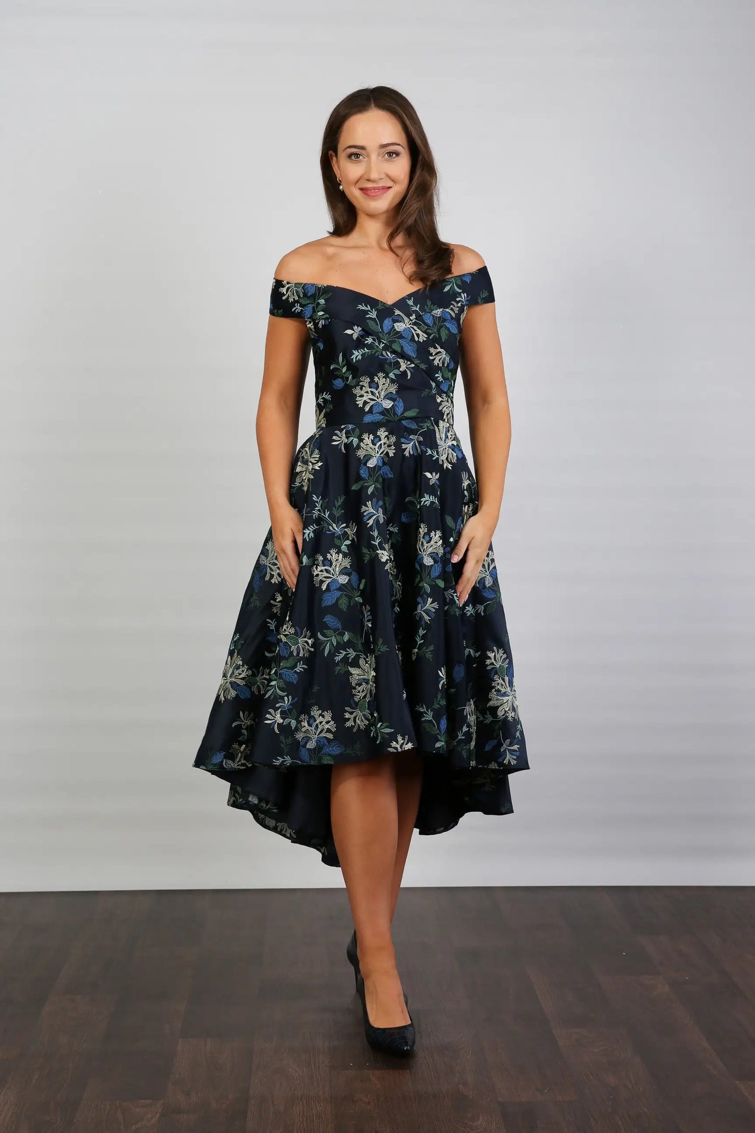 Bombshell Blair Bardot Embroidered High-Low Dress in Navy Blue &amp; Honeysuckle