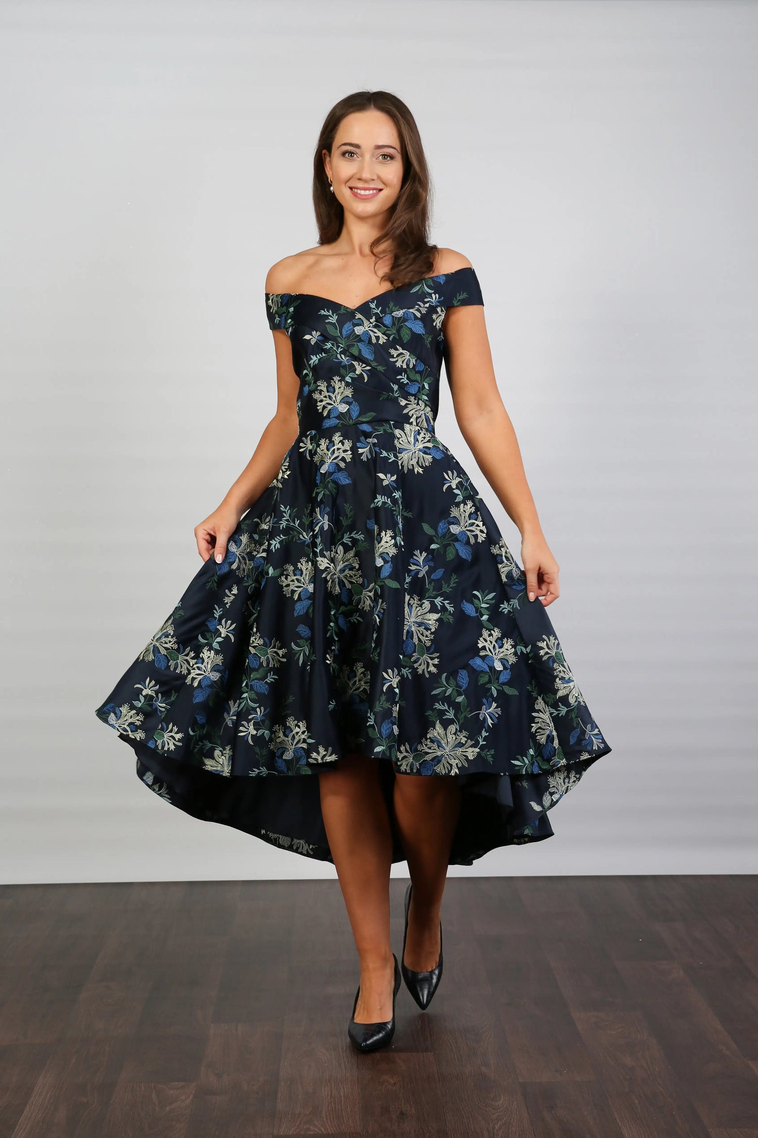 Bombshell Blair Bardot Embroidered High-Low Dress in Navy Blue &amp; Honeysuckle