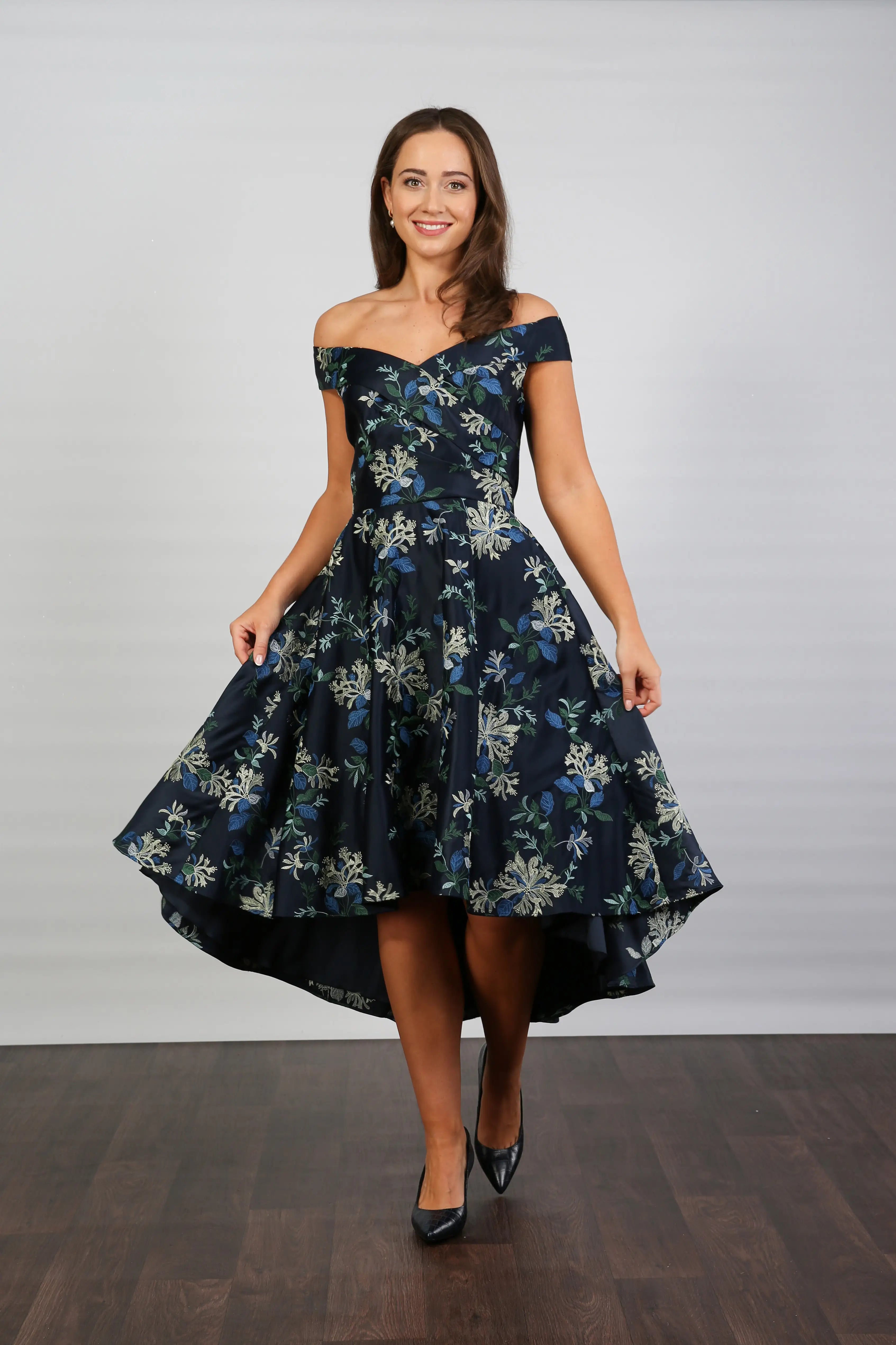Bombshell Blair Bardot Embroidered High-Low Dress in Navy Blue &amp; Honeysuckle