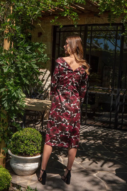 Bombshell Chic Edge Of the Shoulder Dress in Burgundy Roses