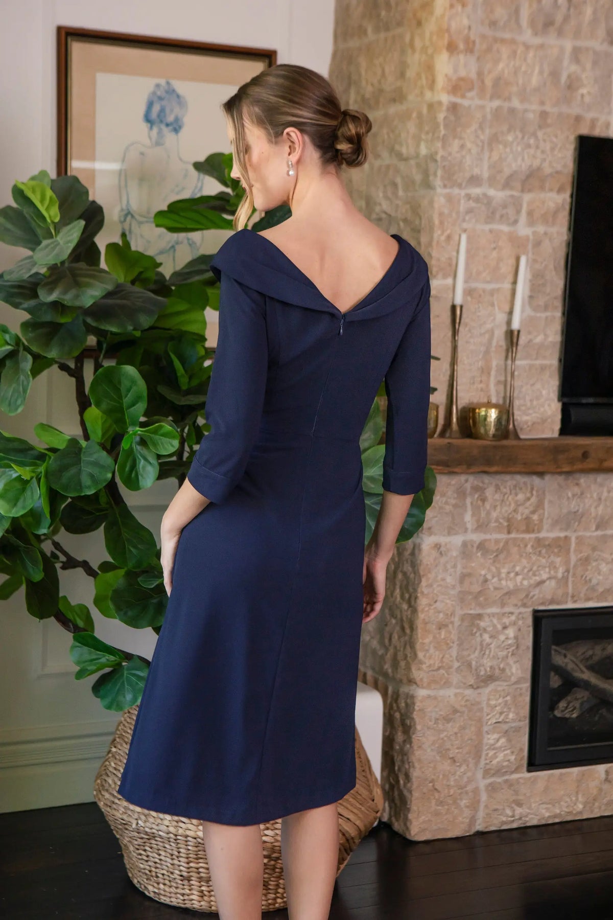 Bombshell Chic Edge Of the Shoulder Dress in Dark Navy Blue Moss Crepe