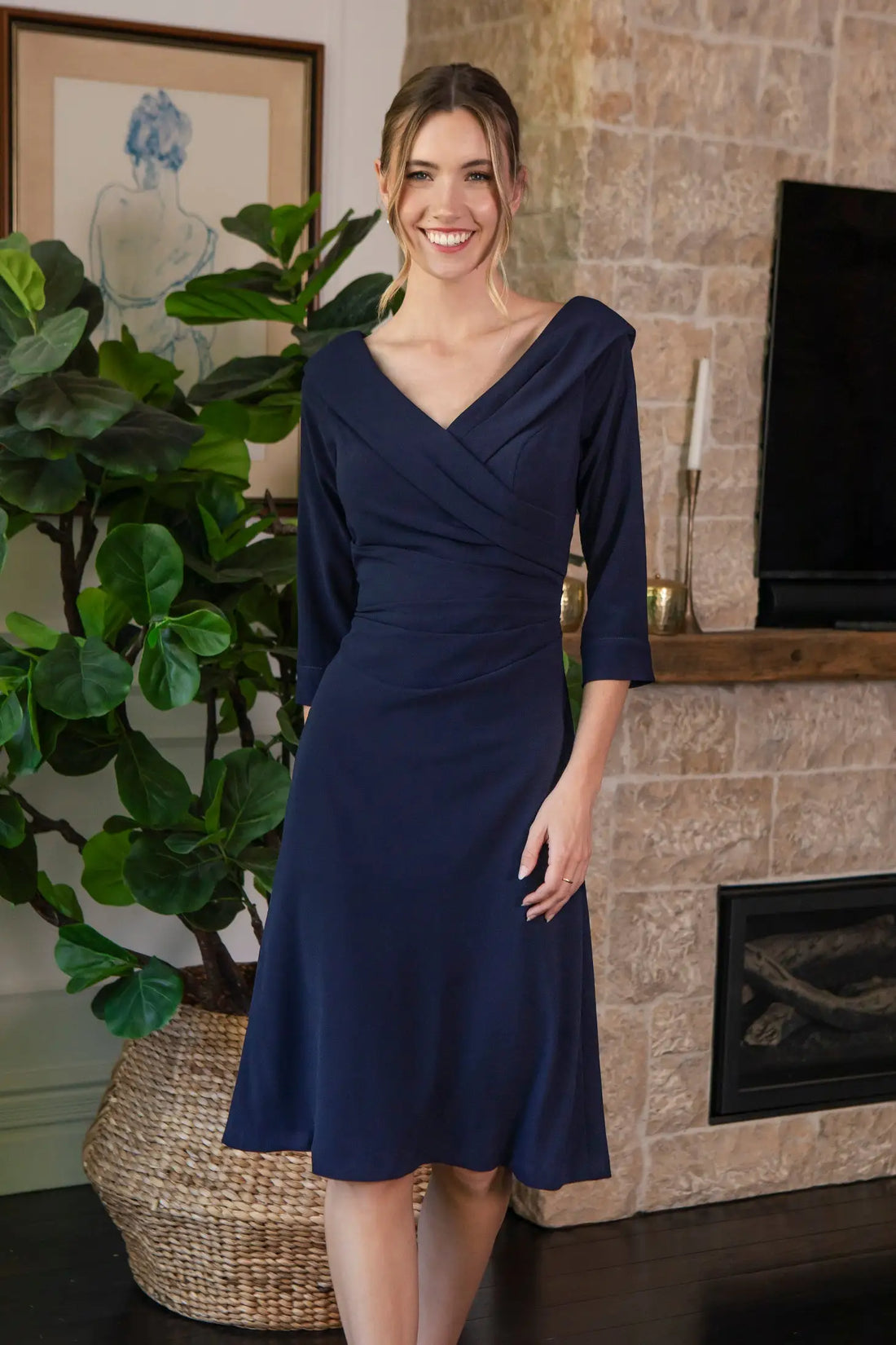 Bombshell Chic Edge Of the Shoulder Dress in Dark Navy Blue Moss Crepe