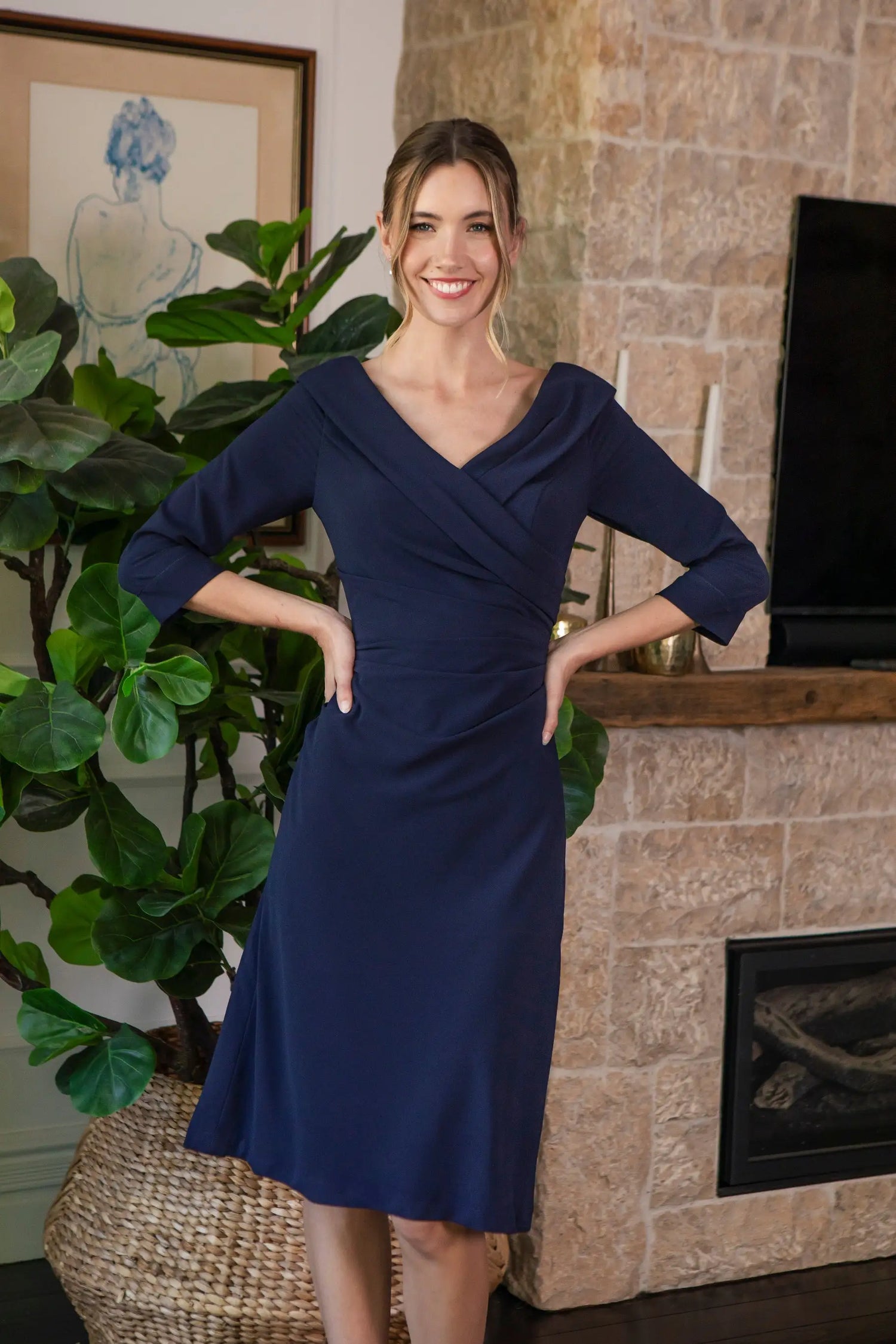 Bombshell Chic Edge Of the Shoulder Dress in Dark Navy Blue Moss Crepe