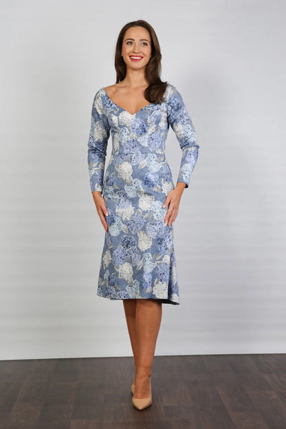 Bombshell Dorothy Sleek &amp; Sweet Long Sleeve Dress in Hydrangea Blue