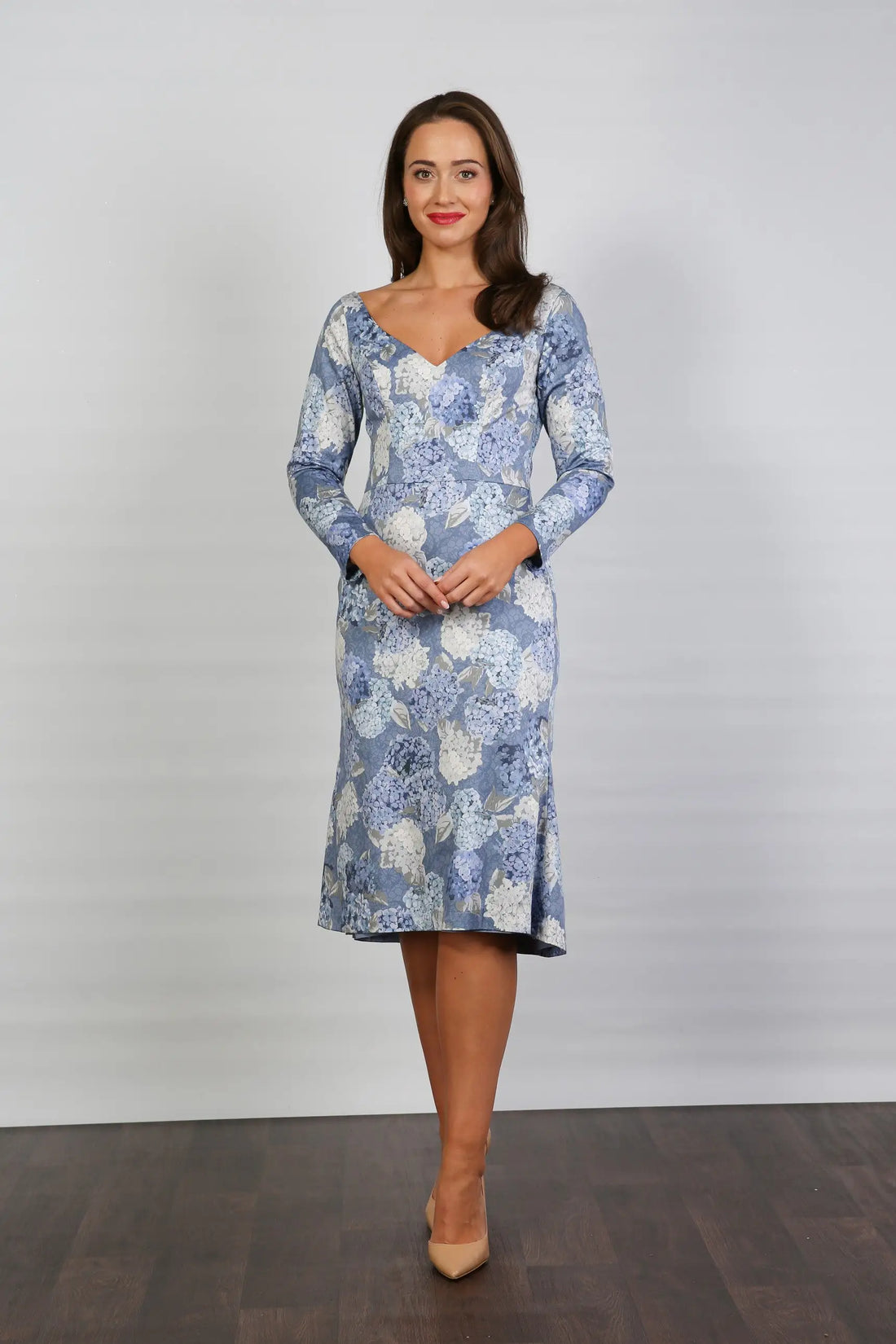 Bombshell Dorothy Sleek &amp; Sweet Long Sleeve Dress in Hydrangea Blue