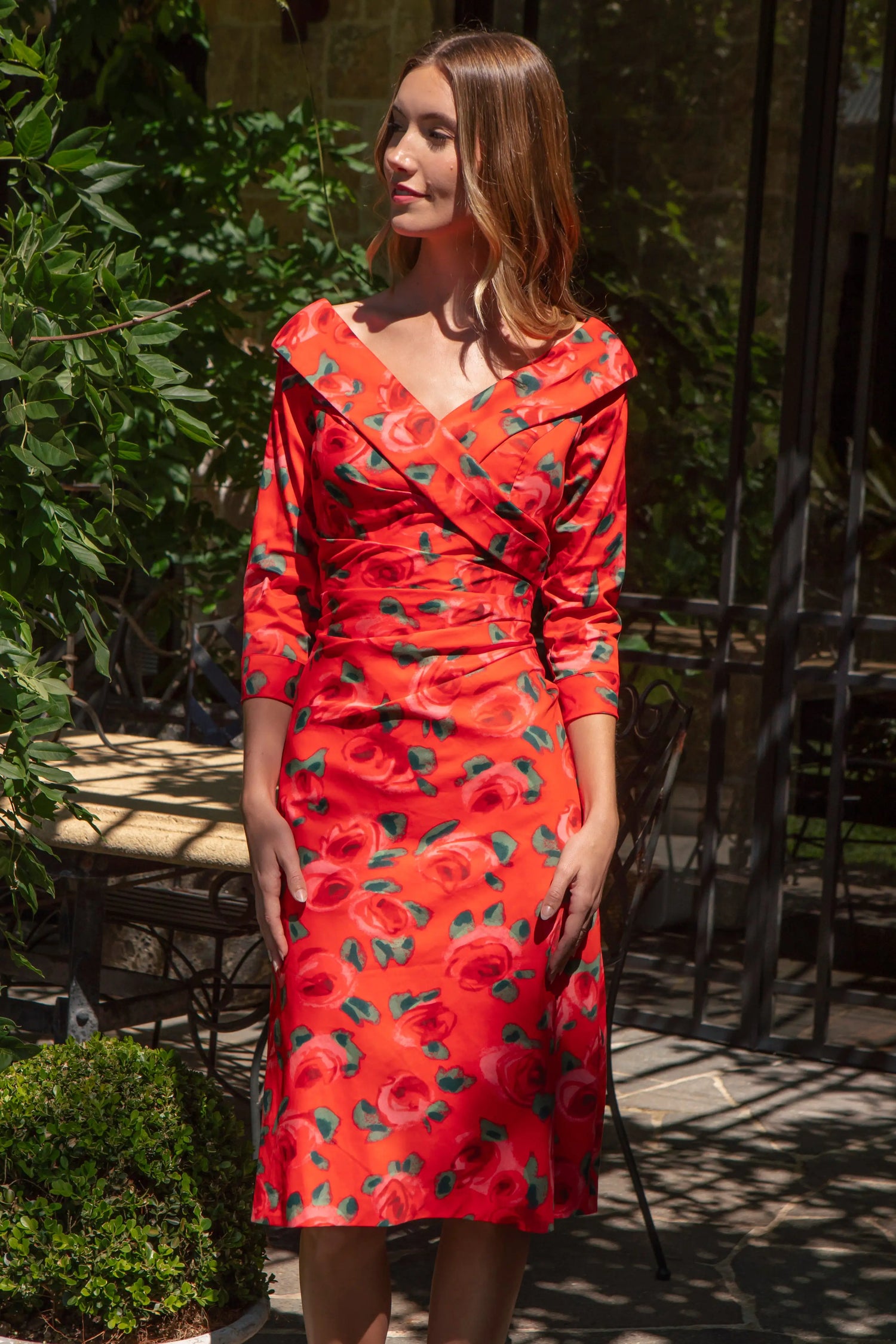Bombshell Dress Chic Edge Of the Shoulder Dress in Red Roses
