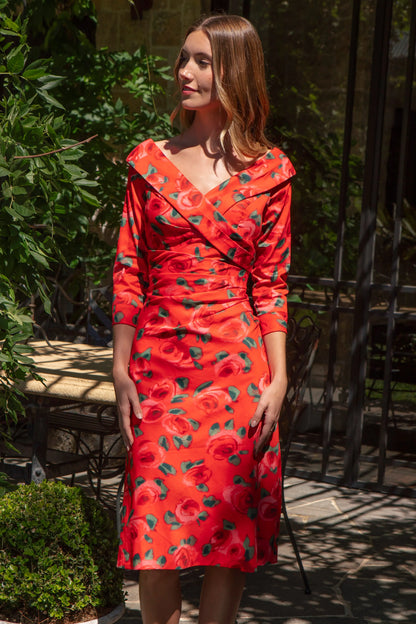 Bombshell Dress Chic Edge Of the Shoulder Dress in Red Roses