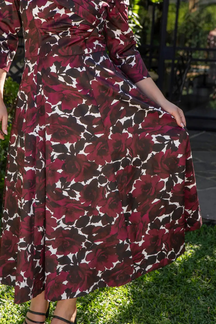 Bombshell Georgia Edge of the Shoulder A-line Dress in Burgundy Roses