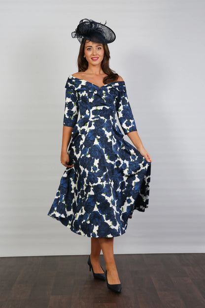 Bombshell Georgia Edge of the Shoulder A-line Dress in Navy Roses