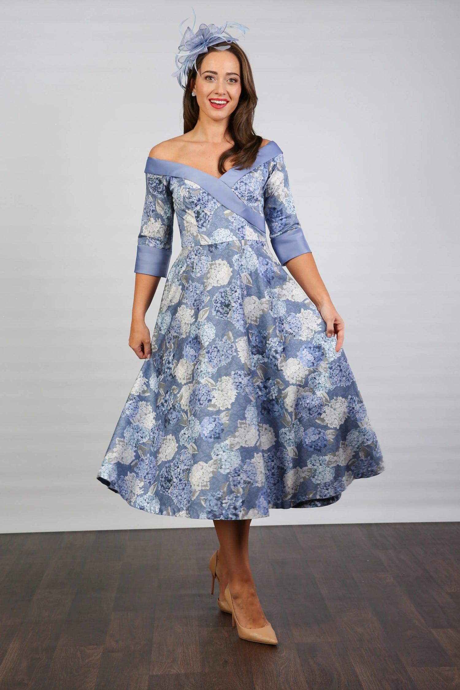 Bombshell Hamilton Bardot Sleeve Dress in Hydrangea Blue