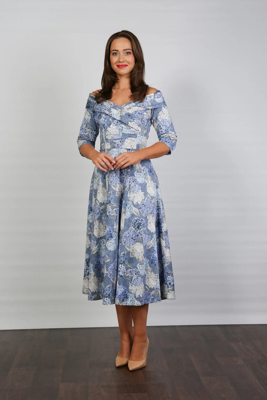 Bombshell Libby Bardot A-line Dress in Hydrangea Blue