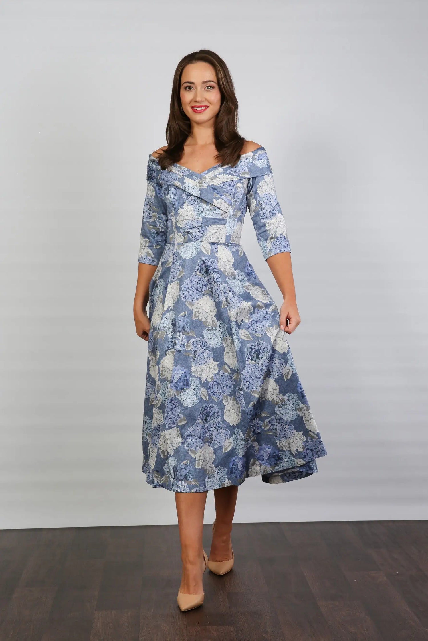 Bombshell Libby Bardot A-line Dress in Hydrangea Blue