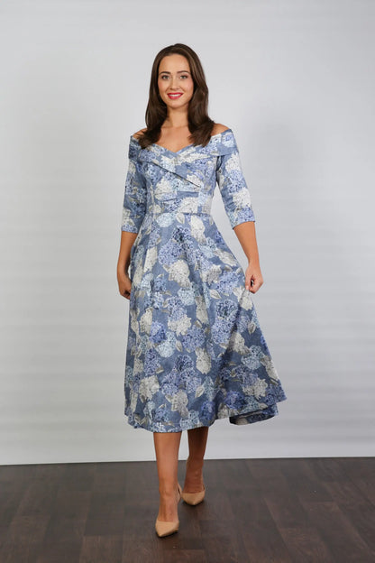 Bombshell Libby Bardot A-line Dress in Hydrangea Blue