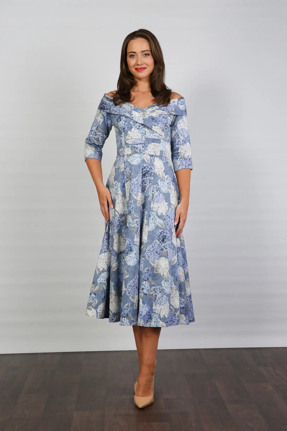 Bombshell Libby Bardot A-line Dress in Hydrangea Blue