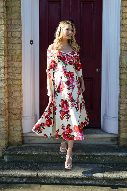 Bombshell Libby Bardot A-line Dress in Xanthe Magenta Red