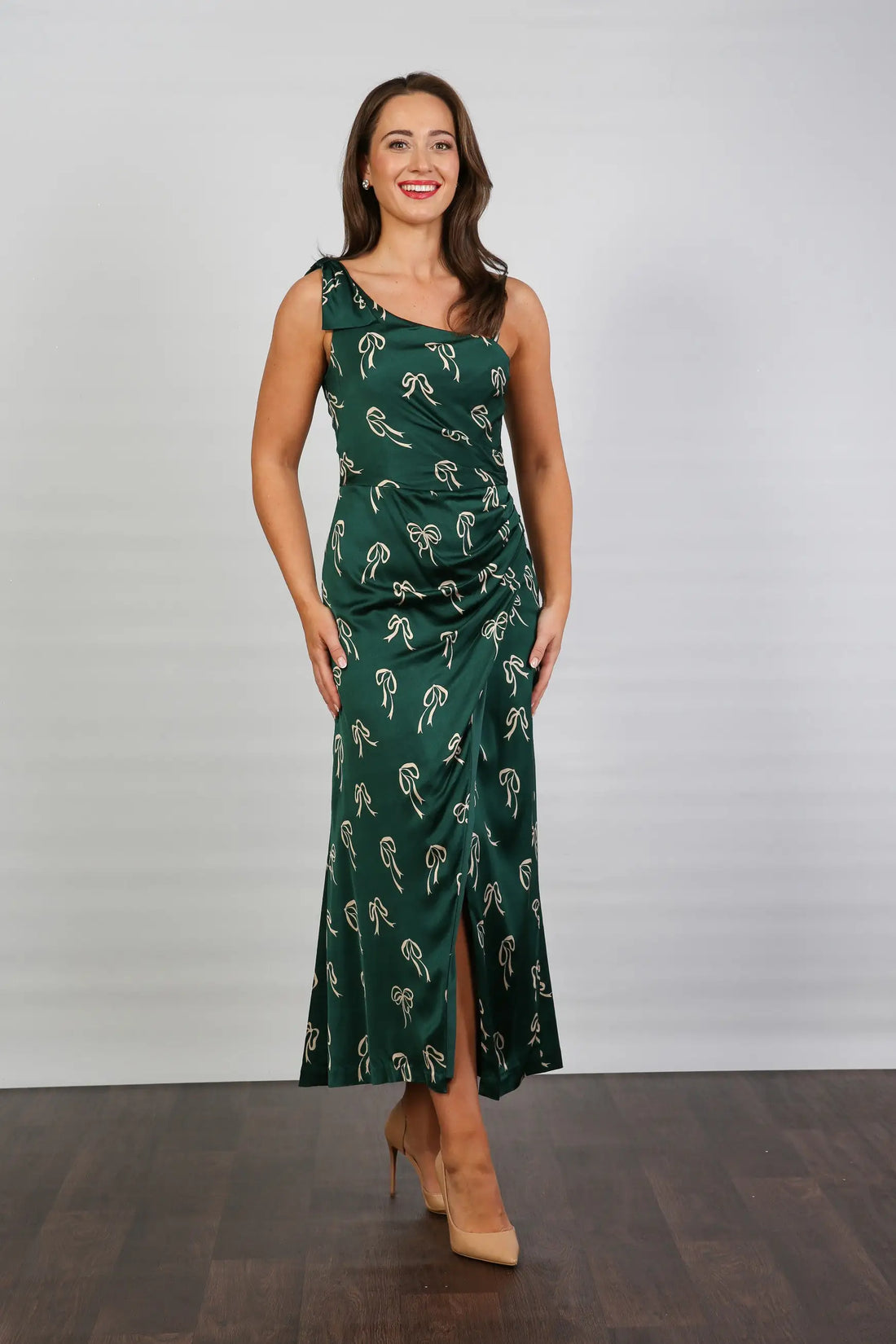 Bombshell Louise One Shoulder Party Dress in Dark Green Bows