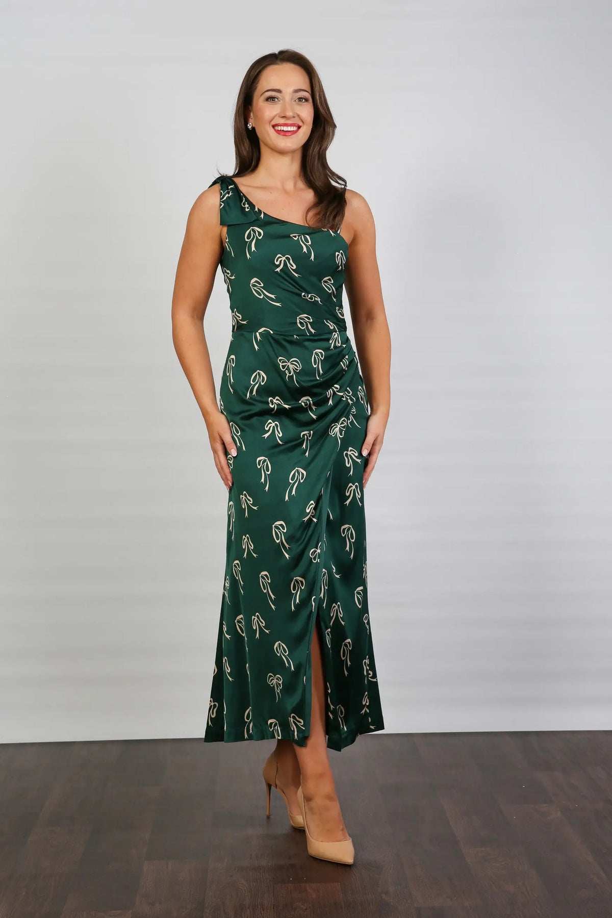 Bombshell Louise One Shoulder Party Dress in Dark Green Bows