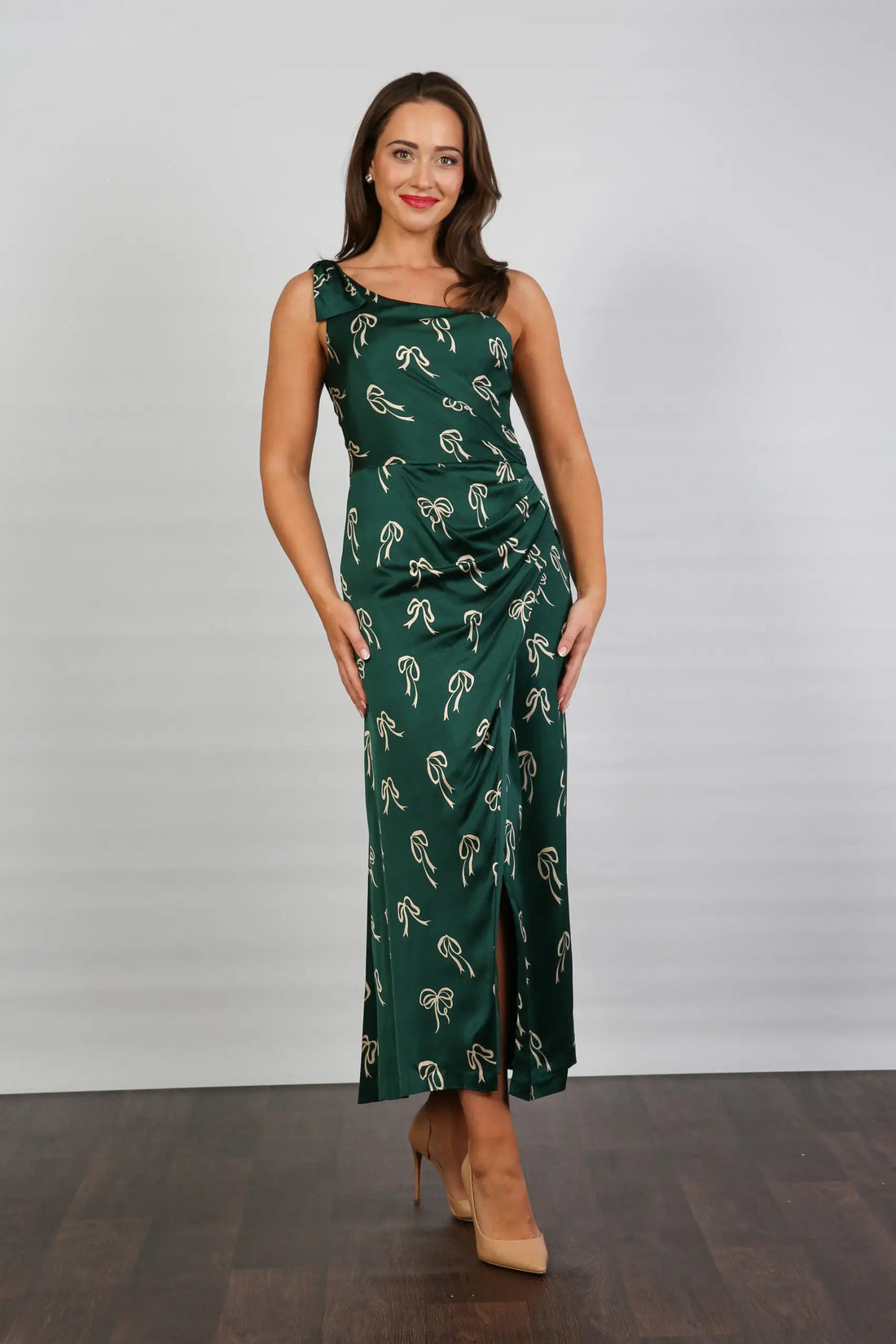 Bombshell Louise One Shoulder Party Dress in Dark Green Bows