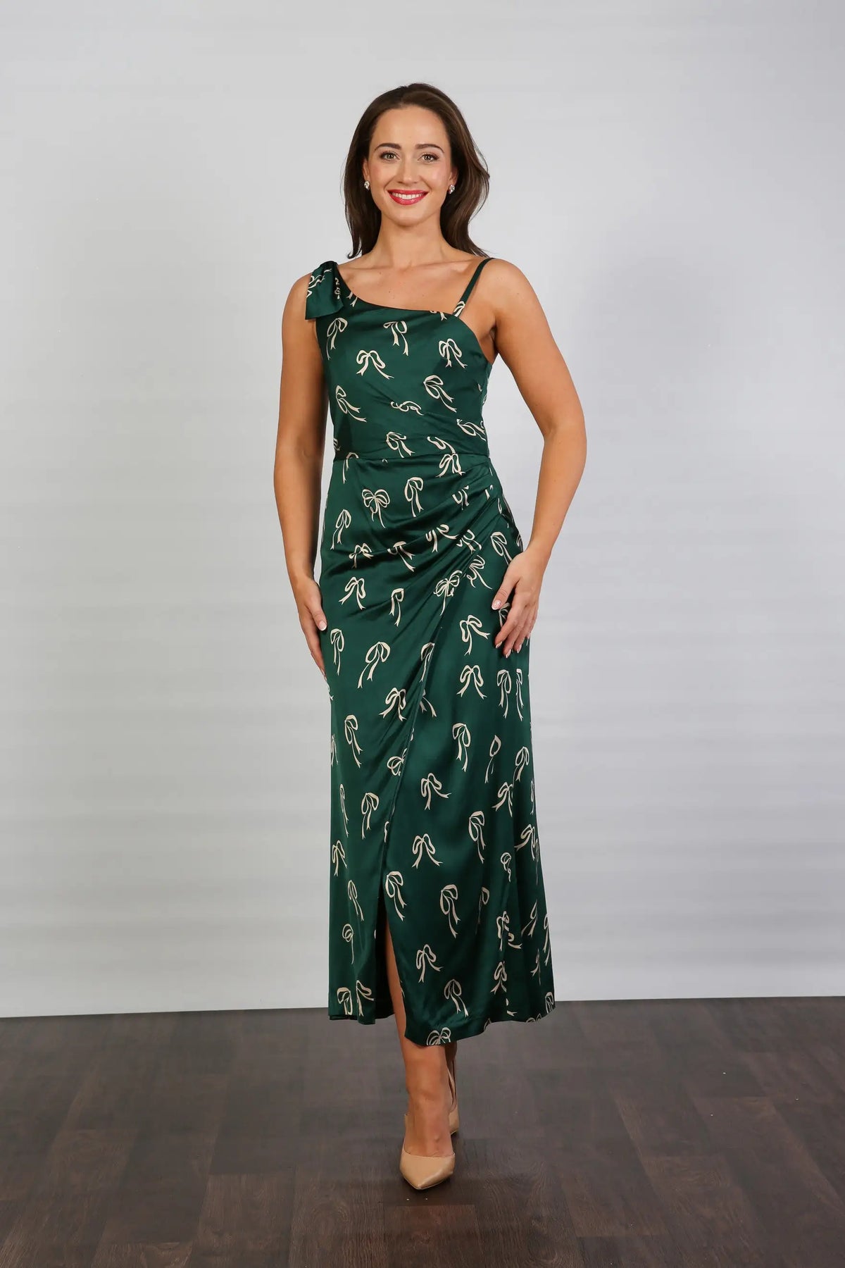 Bombshell Louise One Shoulder Party Dress in Dark Green Bows