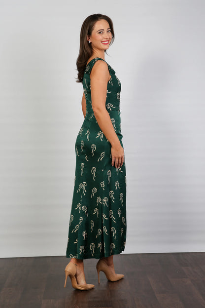 Bombshell Louise One Shoulder Party Dress in Dark Green Bows