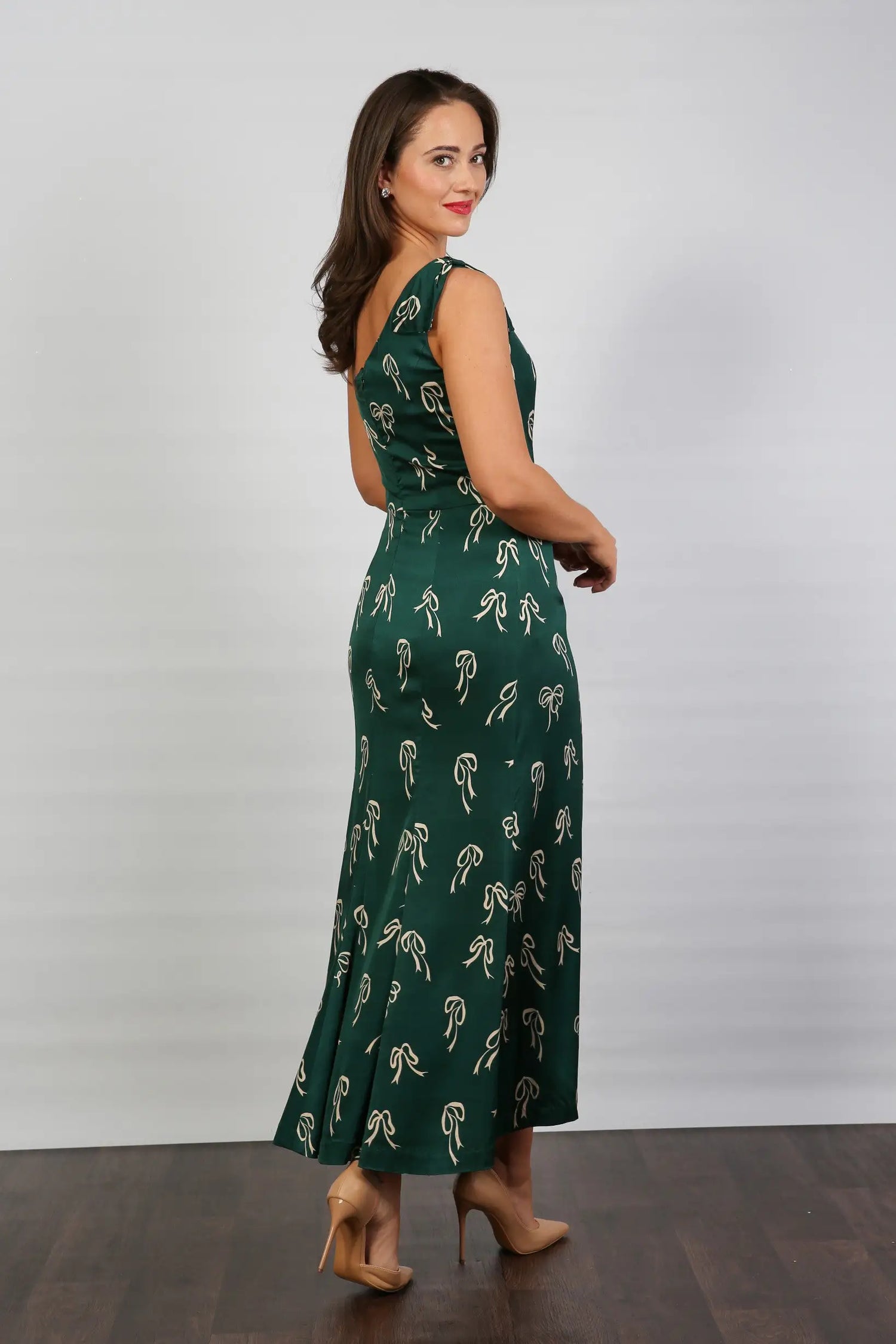 Bombshell Louise One Shoulder Party Dress in Dark Green Bows