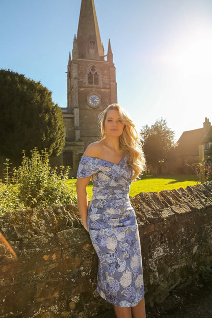 Bombshell Rhodes "Look at Me" Bardot Dress in Hydrangea Blue