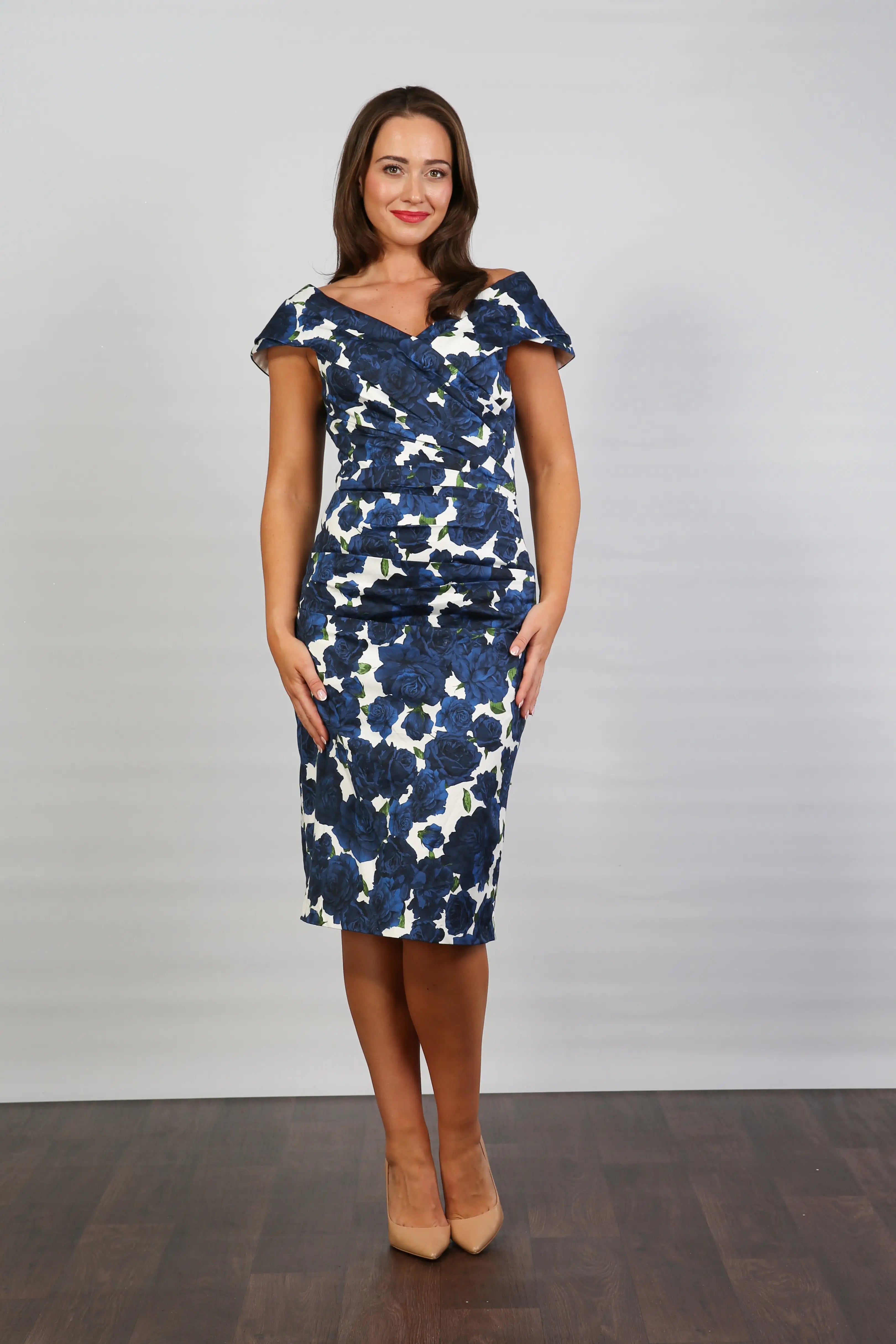 Bombshell Rhodes "Look at Me" Bardot Dress in Navy Blue Roses