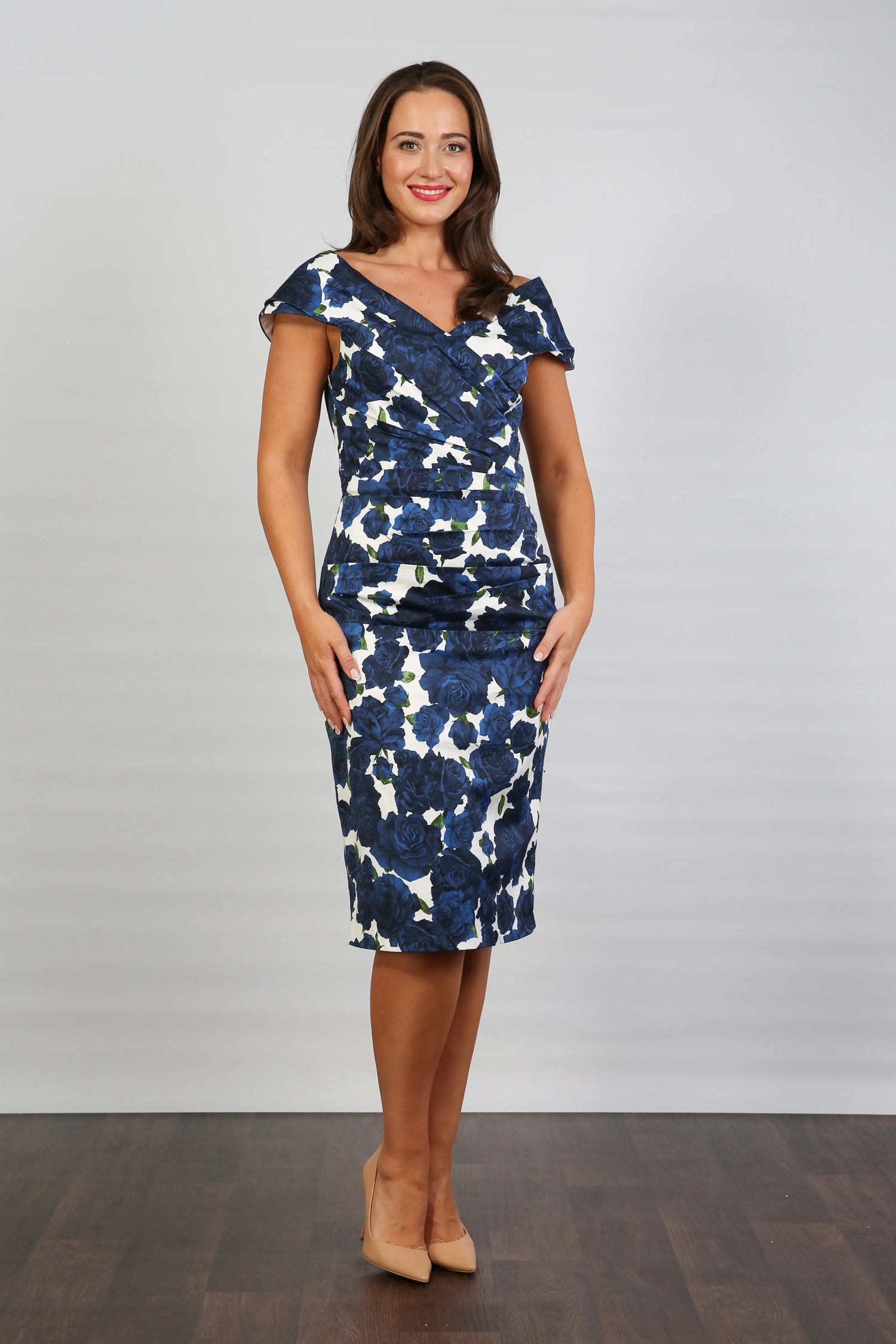 Bombshell Rhodes "Look at Me" Bardot Dress in Navy Blue Roses