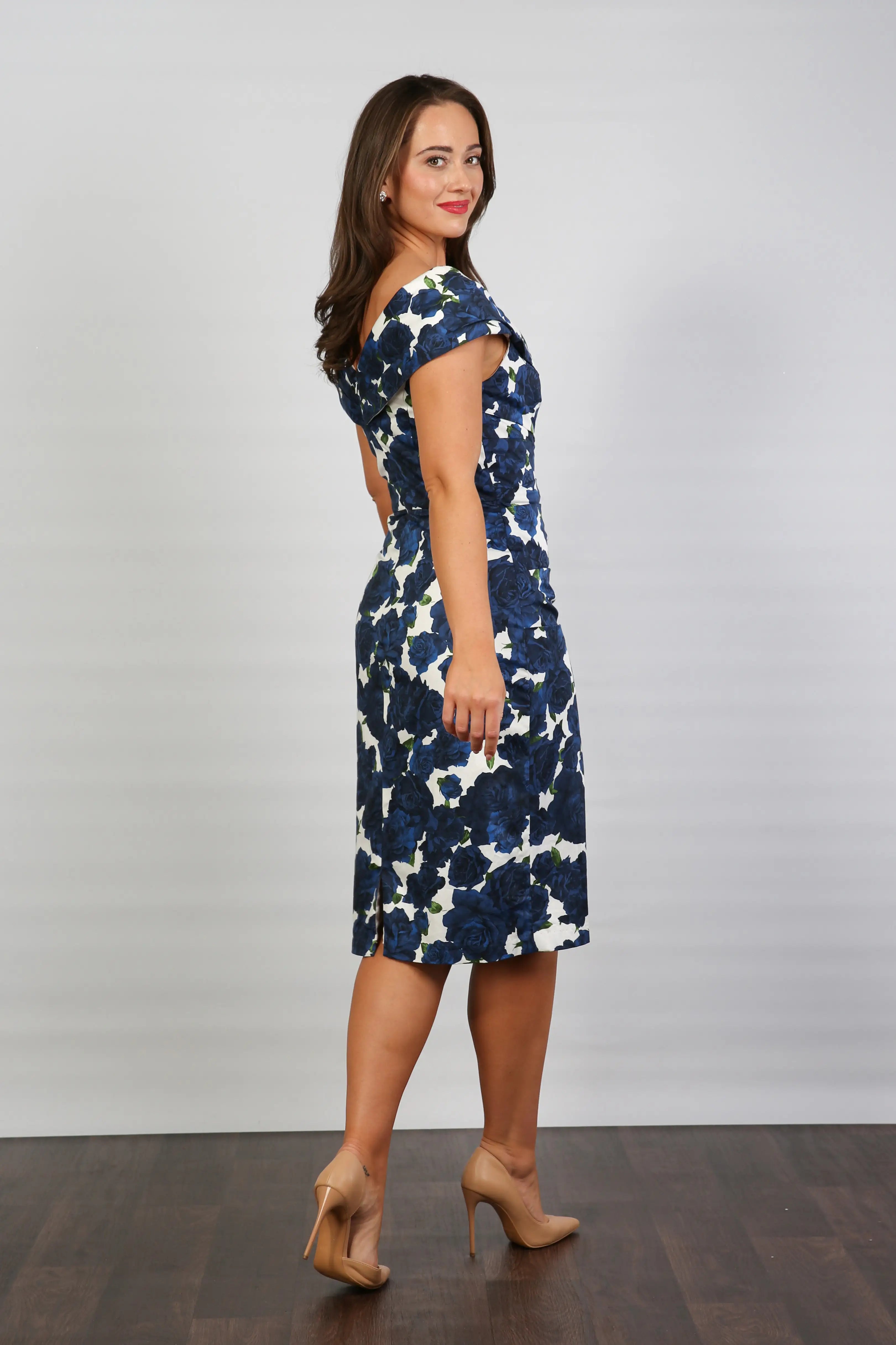 Bombshell Rhodes "Look at Me" Bardot Dress in Navy Blue Roses