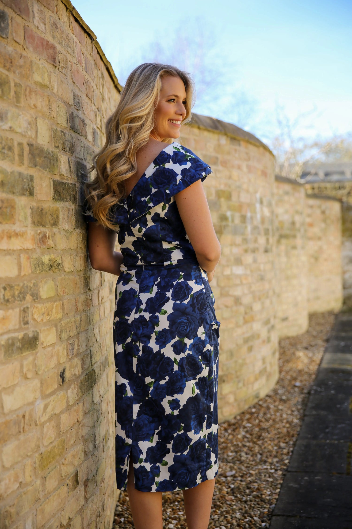 Bombshell Rhodes "Look at Me" Bardot Dress in Navy Blue Roses