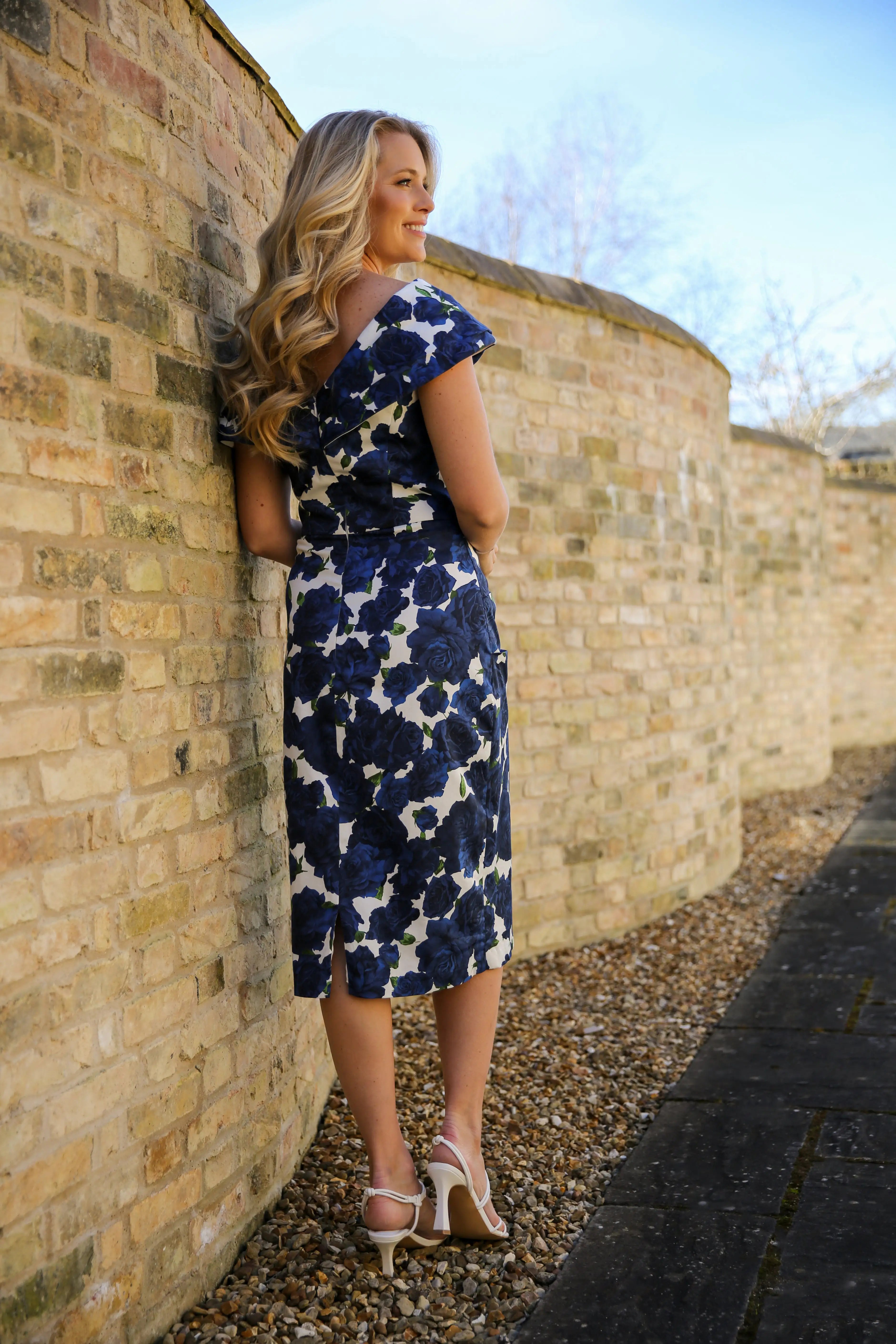 Bombshell Rhodes "Look at Me" Bardot Dress in Navy Blue Roses