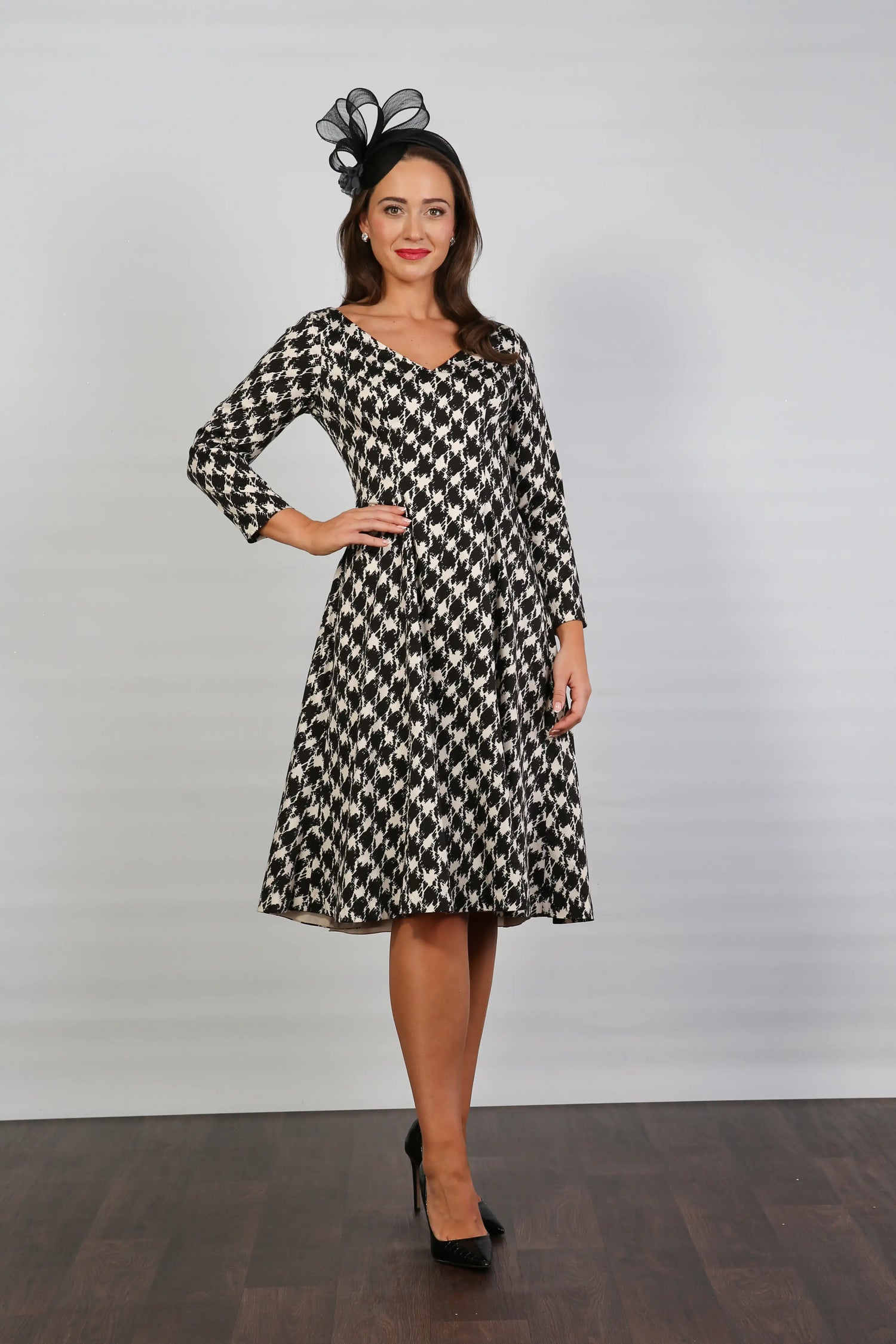 Bombshell Sears Sleek &amp; Sweet Long Sleeve Dress in Dogtooth Check