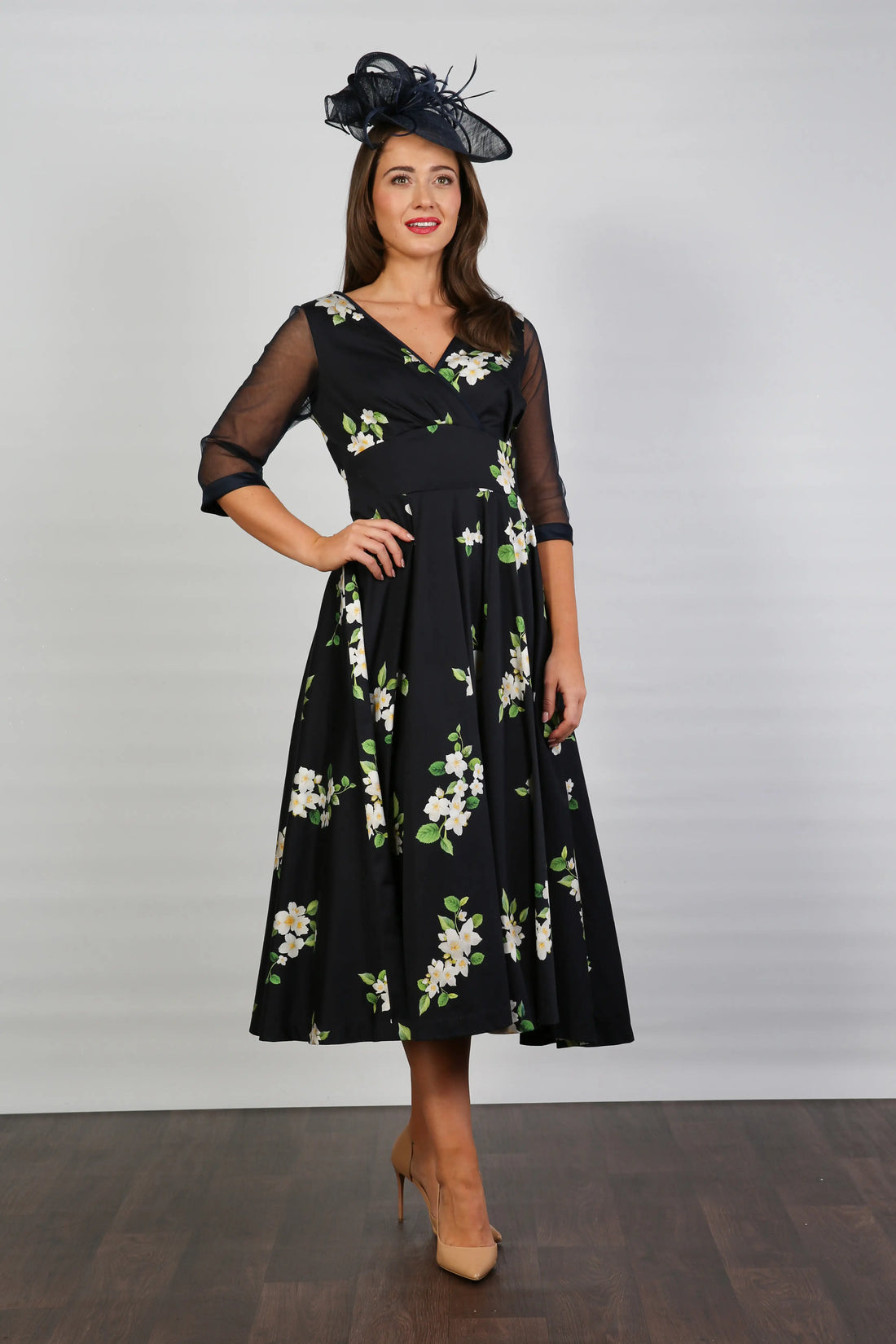 Bombshell Sophie Classic Sheer Sleeve Dress in Midnight Orange Blossom