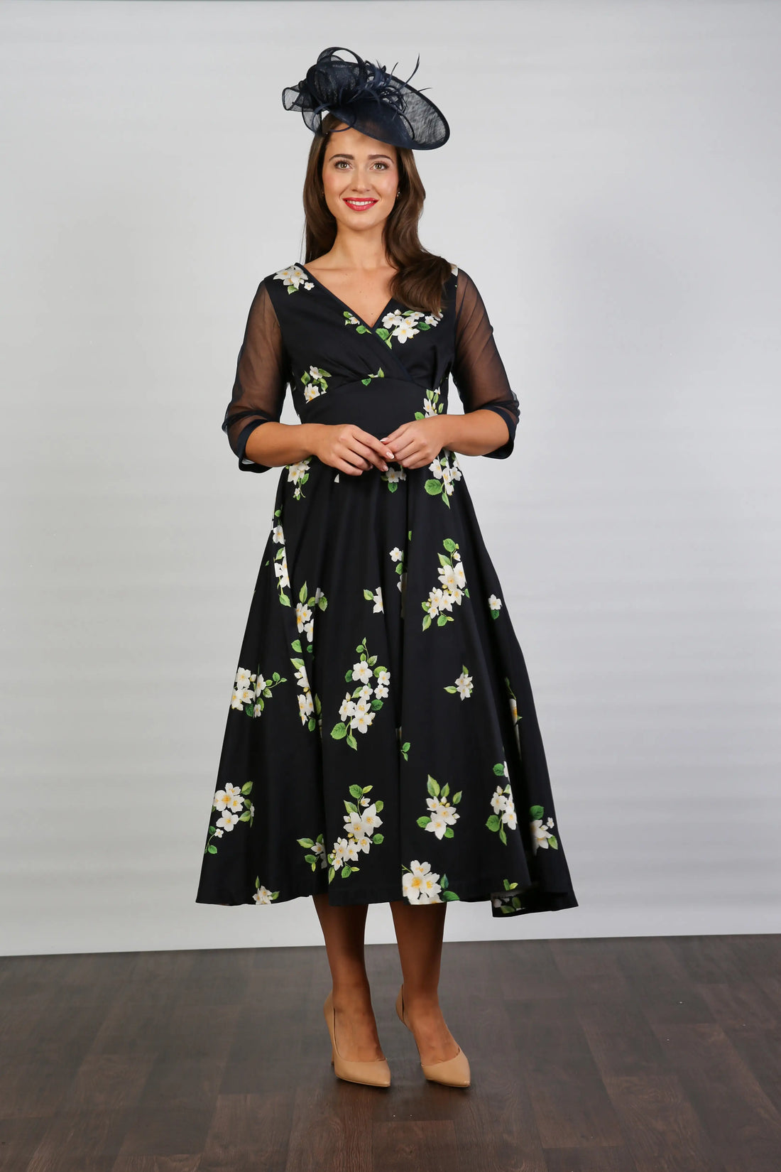 Bombshell Sophie Classic Sheer Sleeve Dress in Midnight Orange Blossom