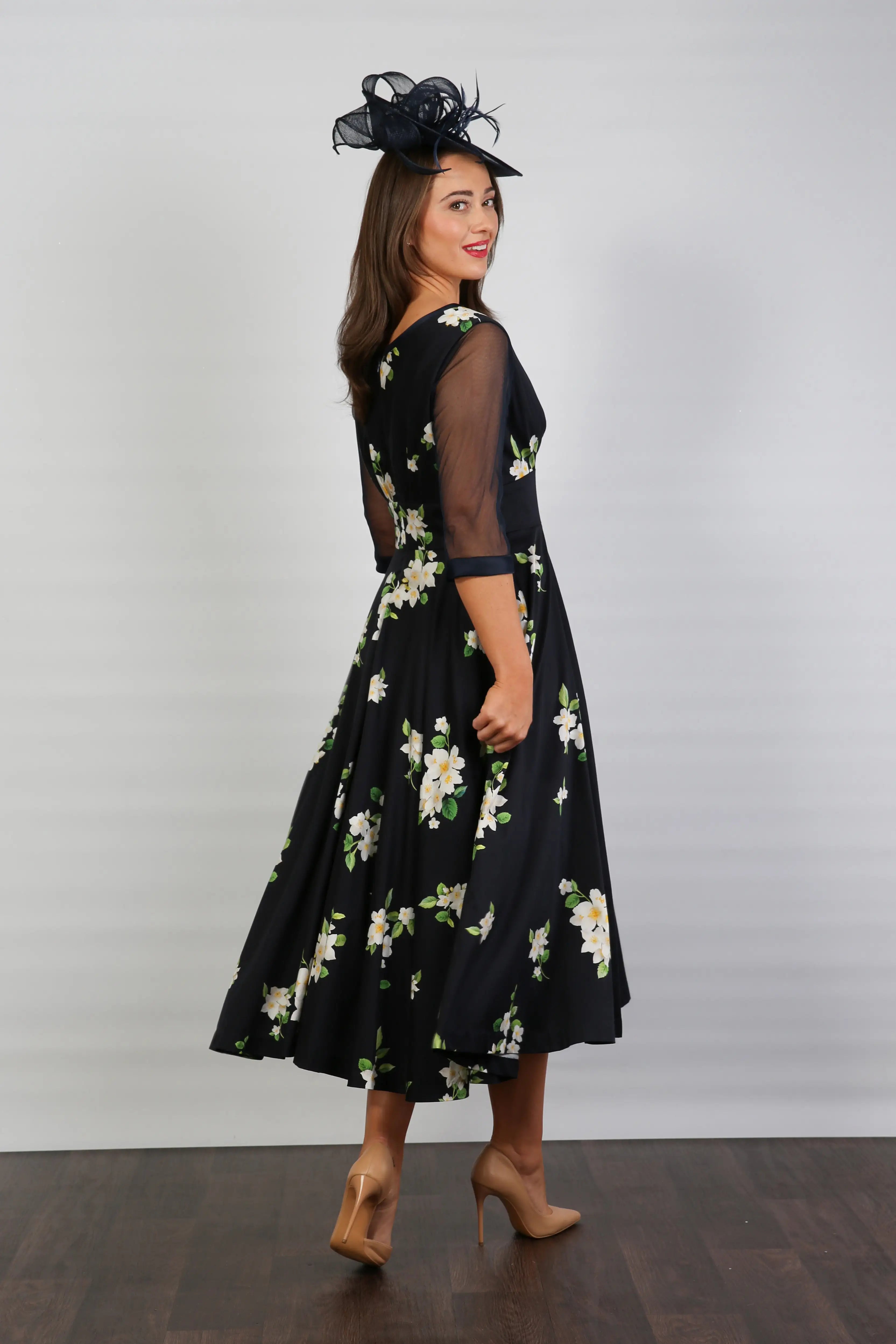 Bombshell Sophie Classic Sheer Sleeve Dress in Midnight Orange Blossom
