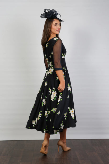 Bombshell Sophie Classic Sheer Sleeve Dress in Midnight Orange Blossom