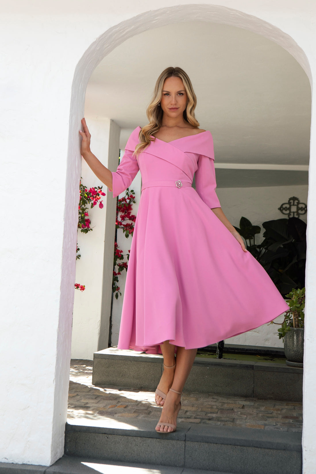 Condici Bardot Style Dress with Sleeves in Pink Charm