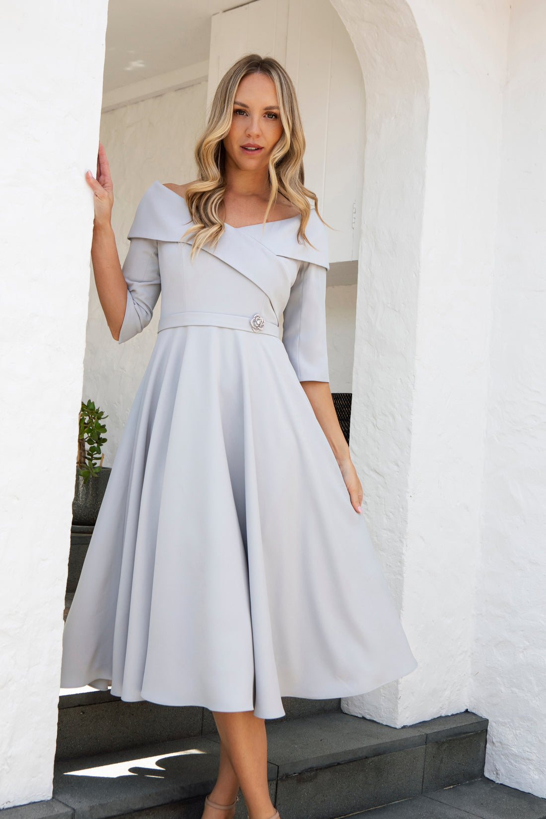 Condici Bardot Style Dress with Sleeves in Soft Silver